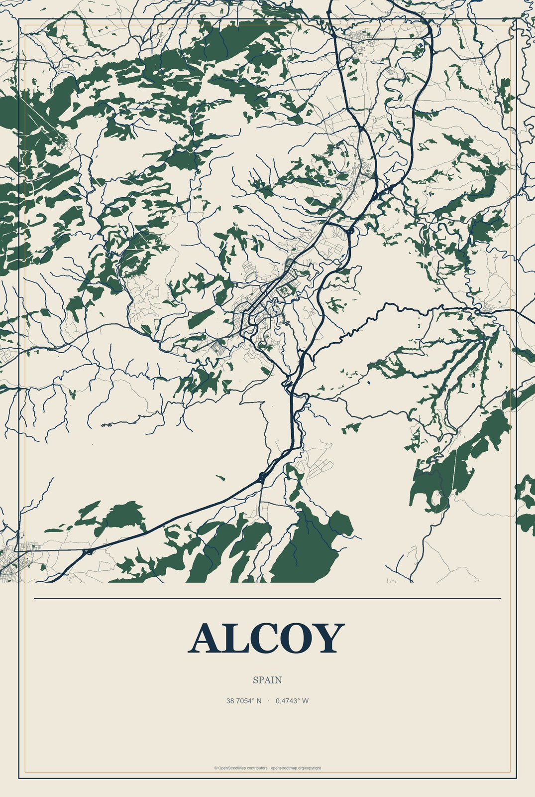 Alcoy, Spain City Map Aluminum Sign in Coastal Cutout style
