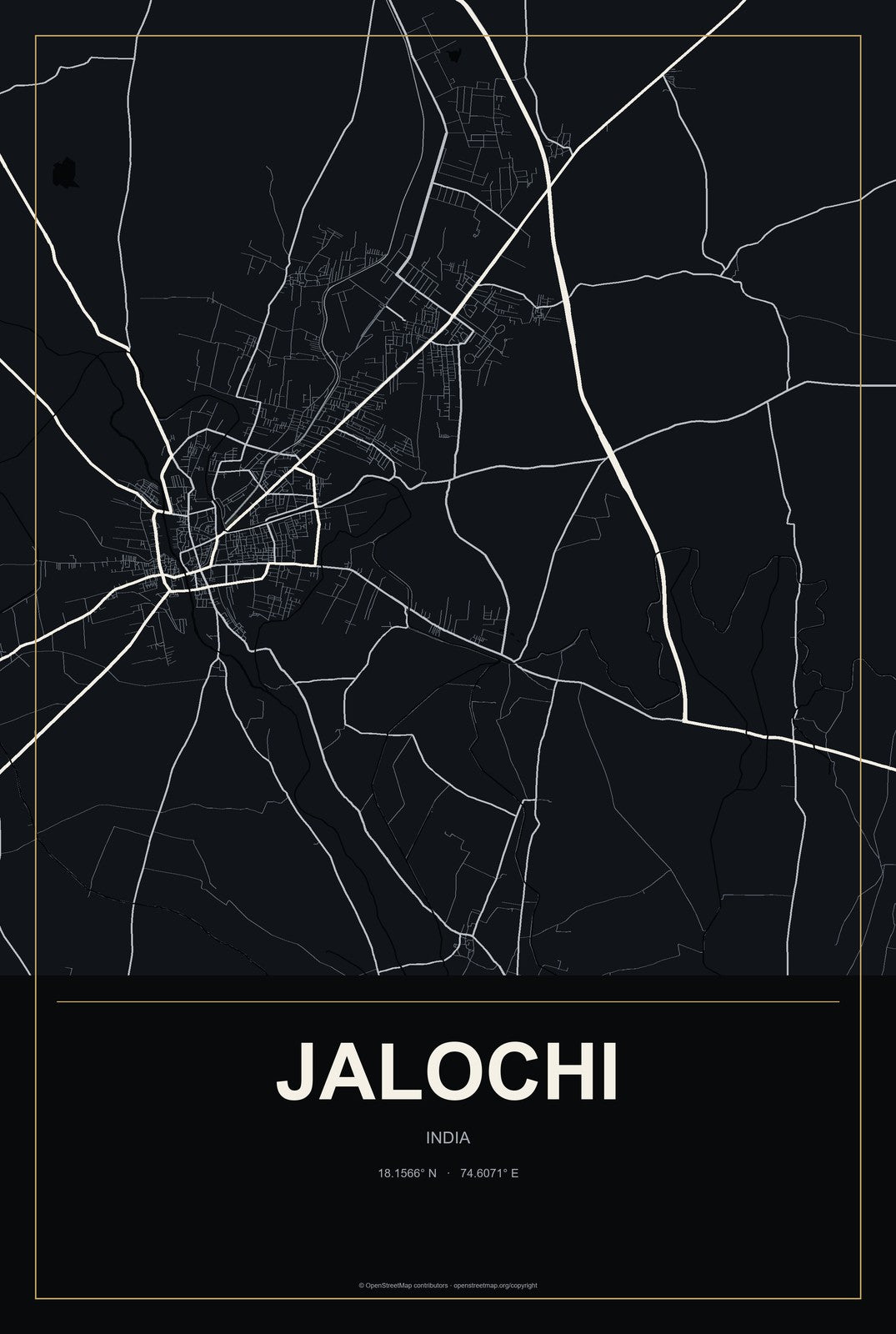 Jalochi, India City Map Aluminum Sign in Metropolitan Noir style