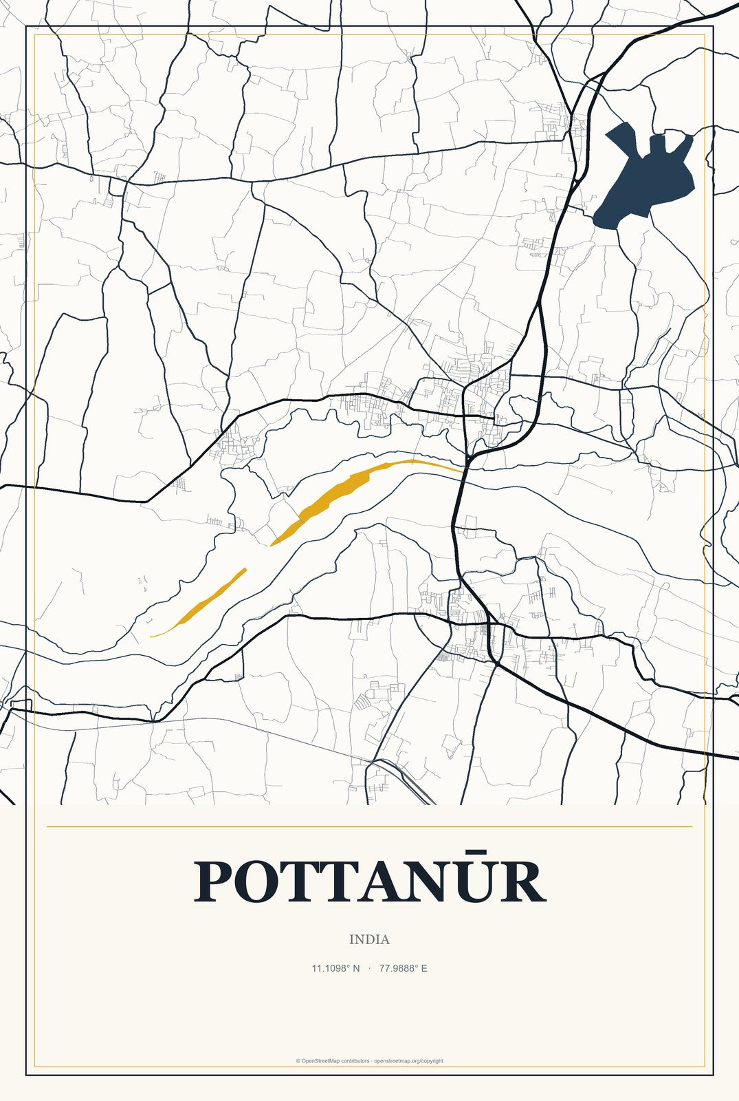 Pottanūr, India City Map Aluminum Sign in Citrine Modern style
