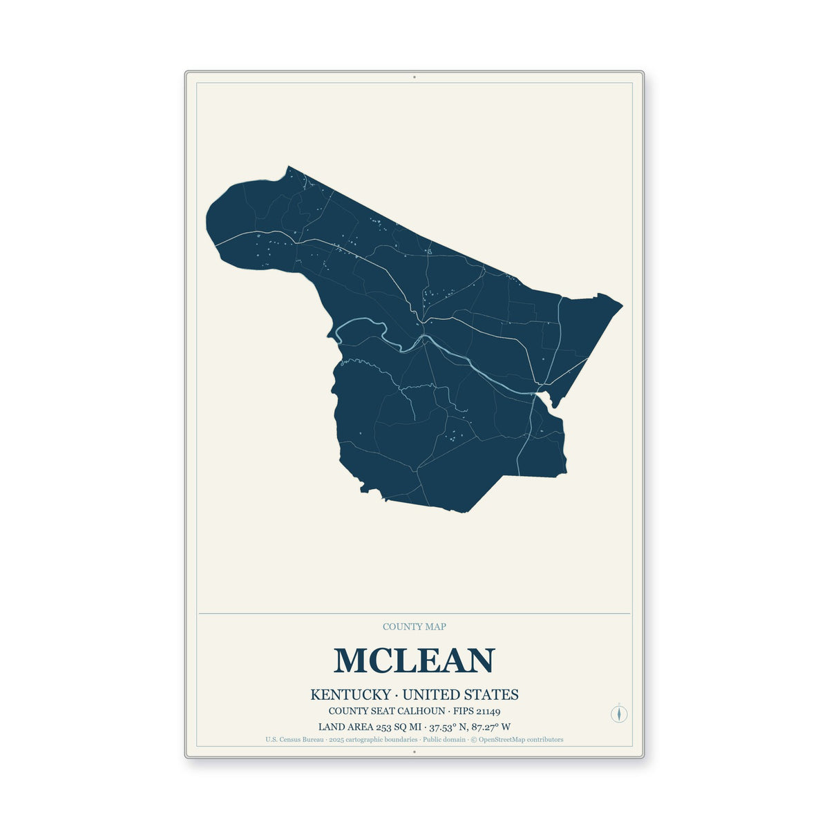 McLean County, Kentucky Map Aluminum Sign in Coastal Cutout style