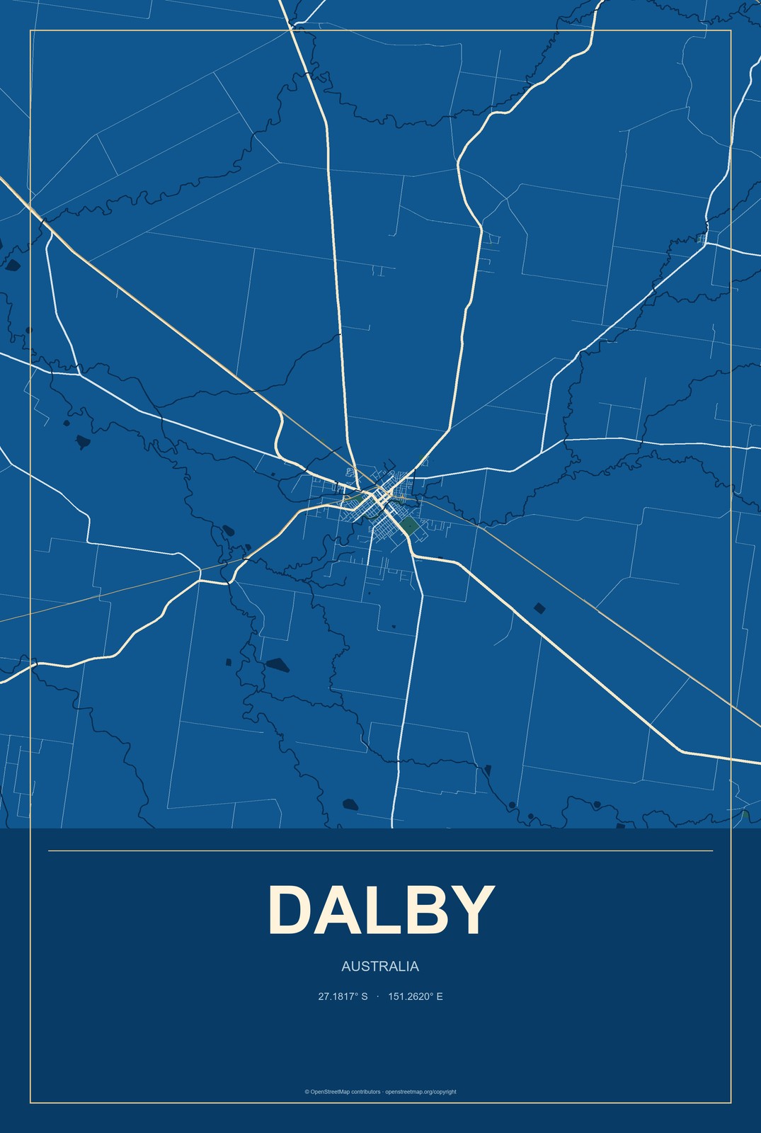 Dalby, Australia City Map Aluminum Sign in Harbor Cobalt style