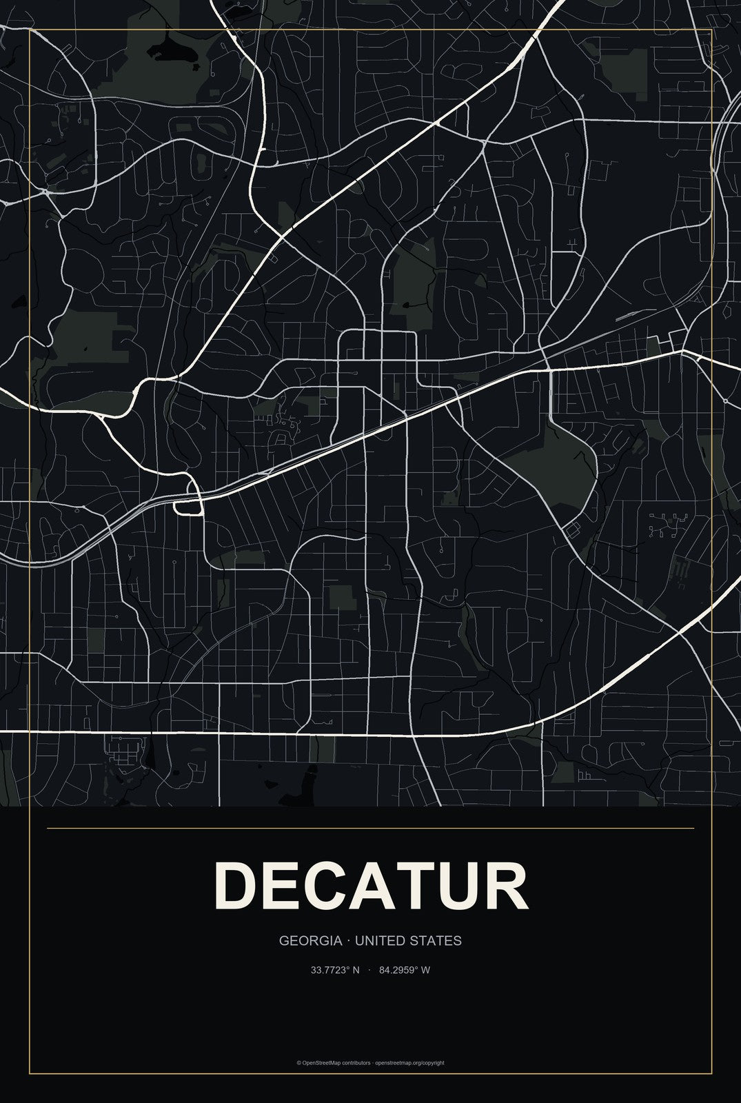 Decatur, Georgia City Map Aluminum Sign in Metropolitan Noir style