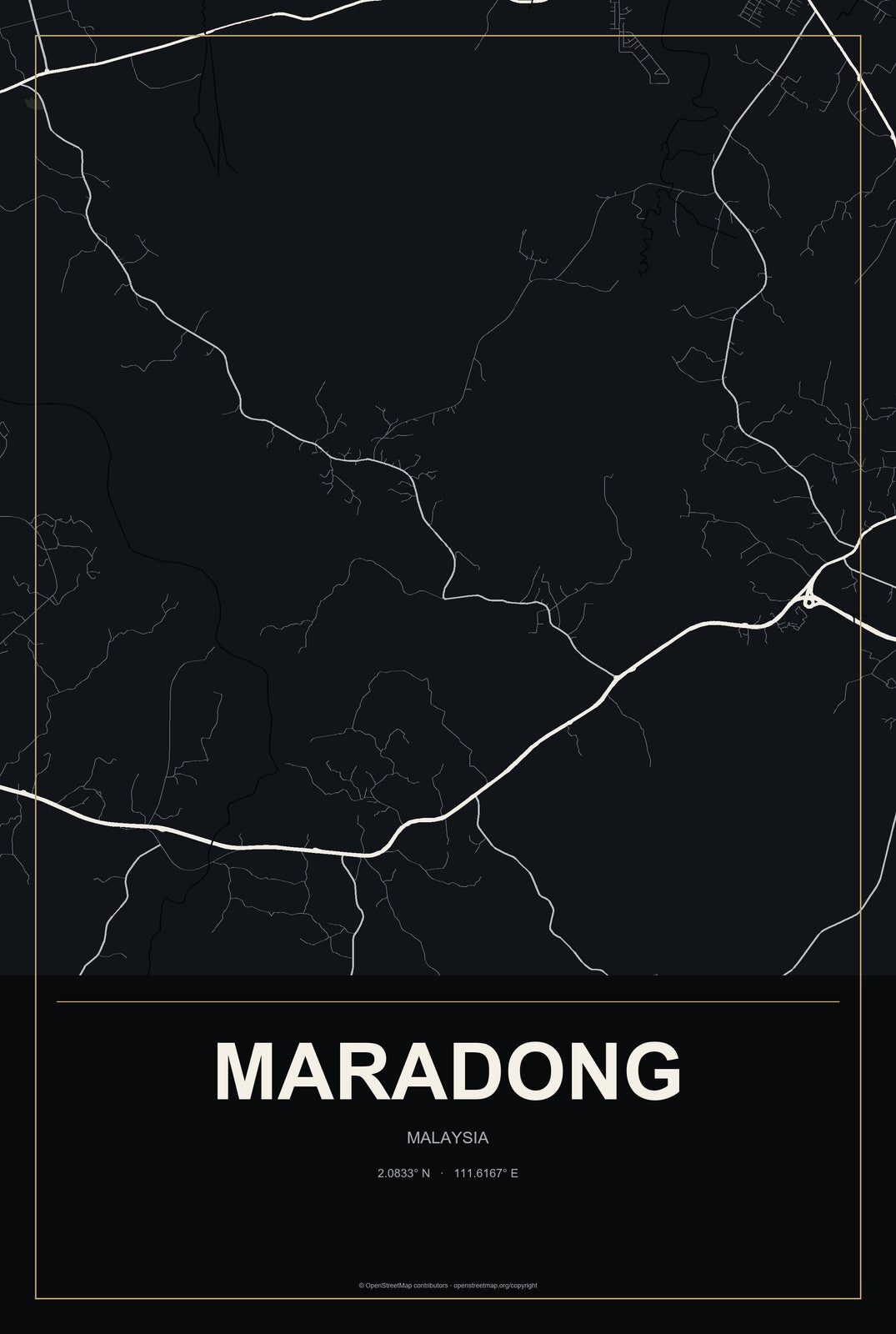 Maradong, Malaysia City Map Aluminum Sign in Metropolitan Noir style