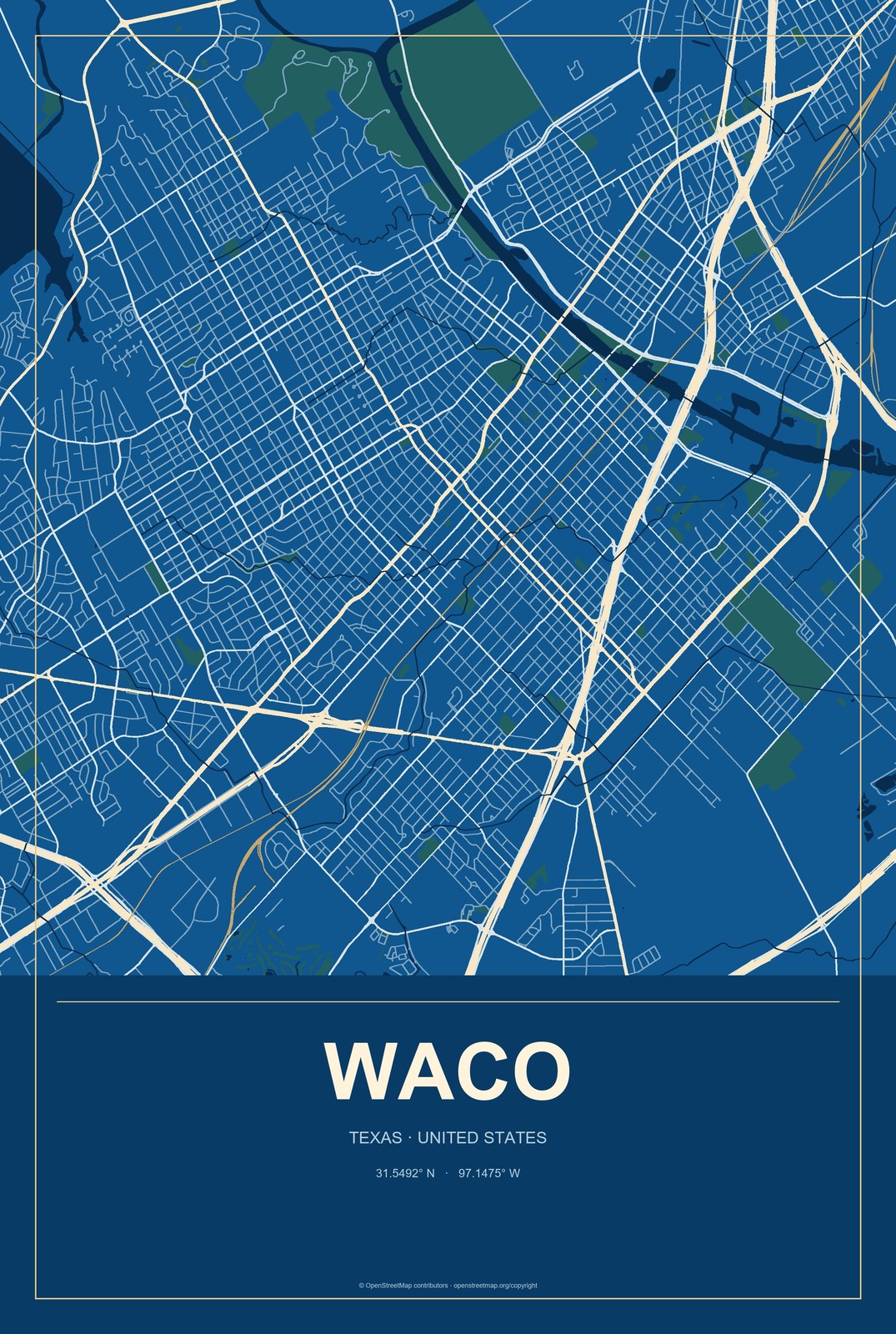 Waco, Texas City Map Aluminum Sign in Harbor Cobalt style