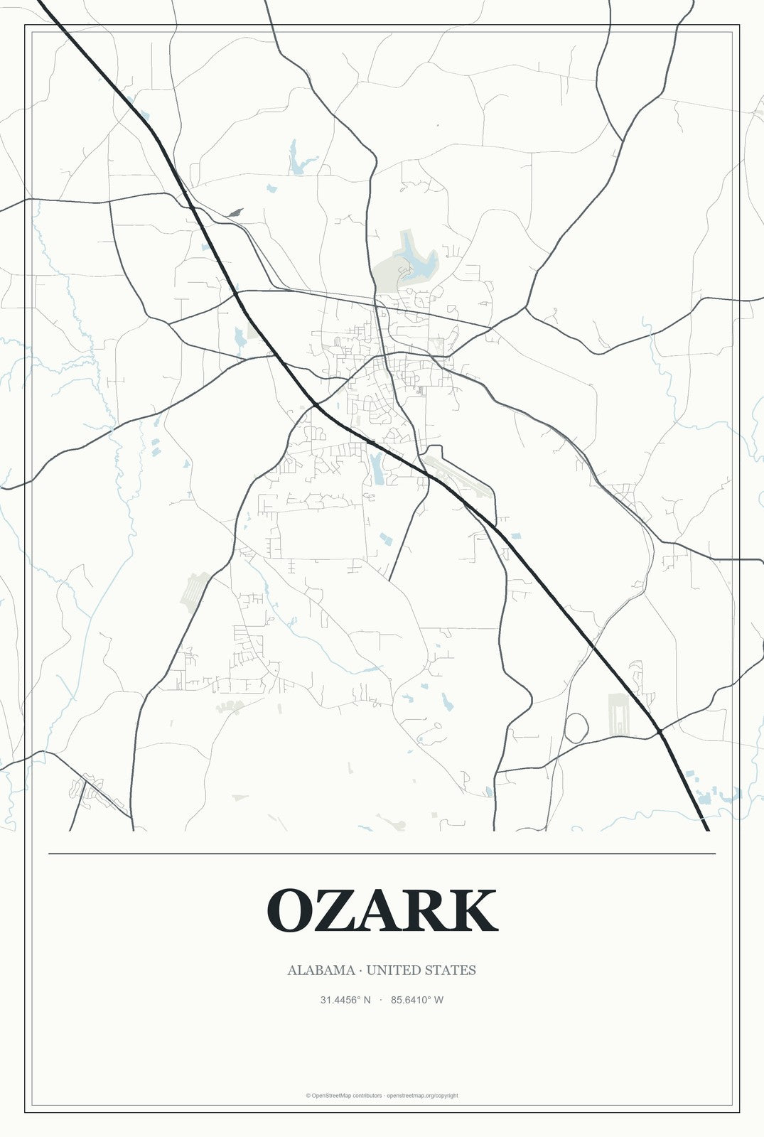 Ozark, Alabama City Map Aluminum Sign in Gallery Air style