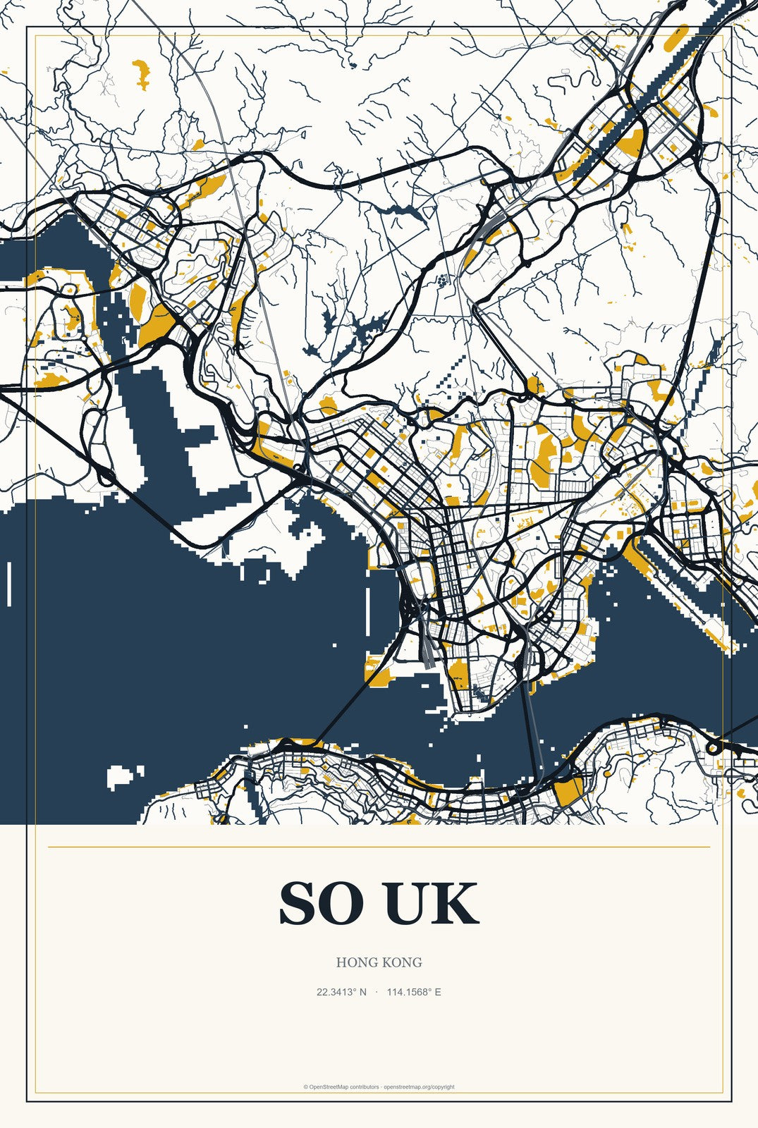 So Uk, Hong Kong City Map Aluminum Sign in Citrine Modern style