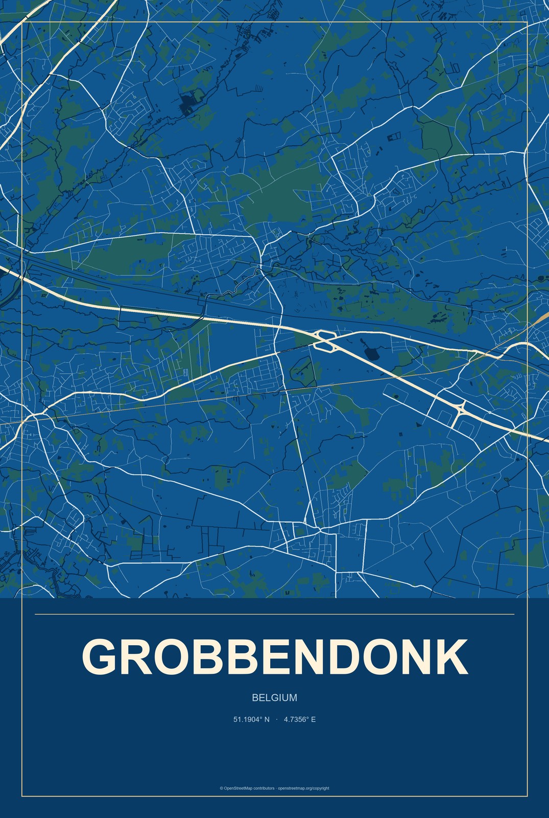 Grobbendonk, Belgium City Map Aluminum Sign in Harbor Cobalt style