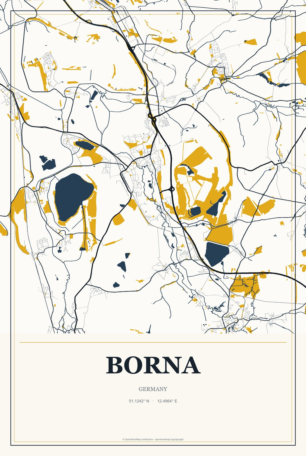 Borna, Germany City Map Aluminum Sign in Citrine Modern style