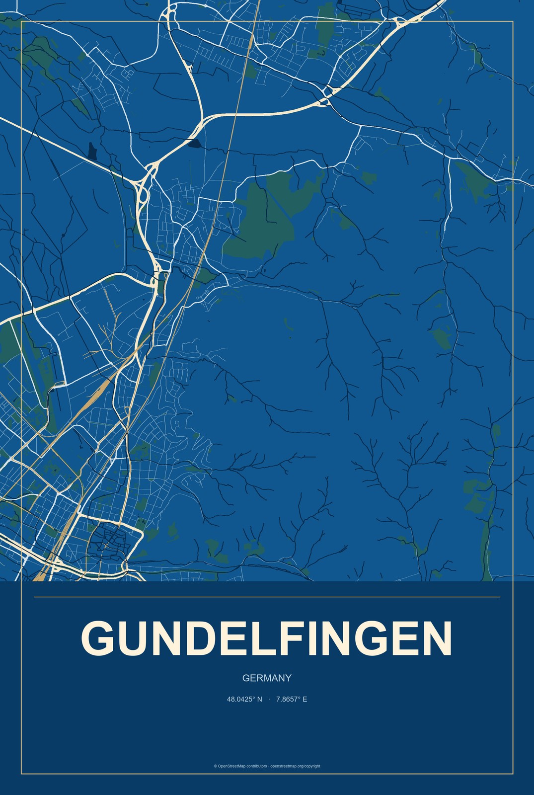 Gundelfingen, Germany City Map Aluminum Sign in Harbor Cobalt style