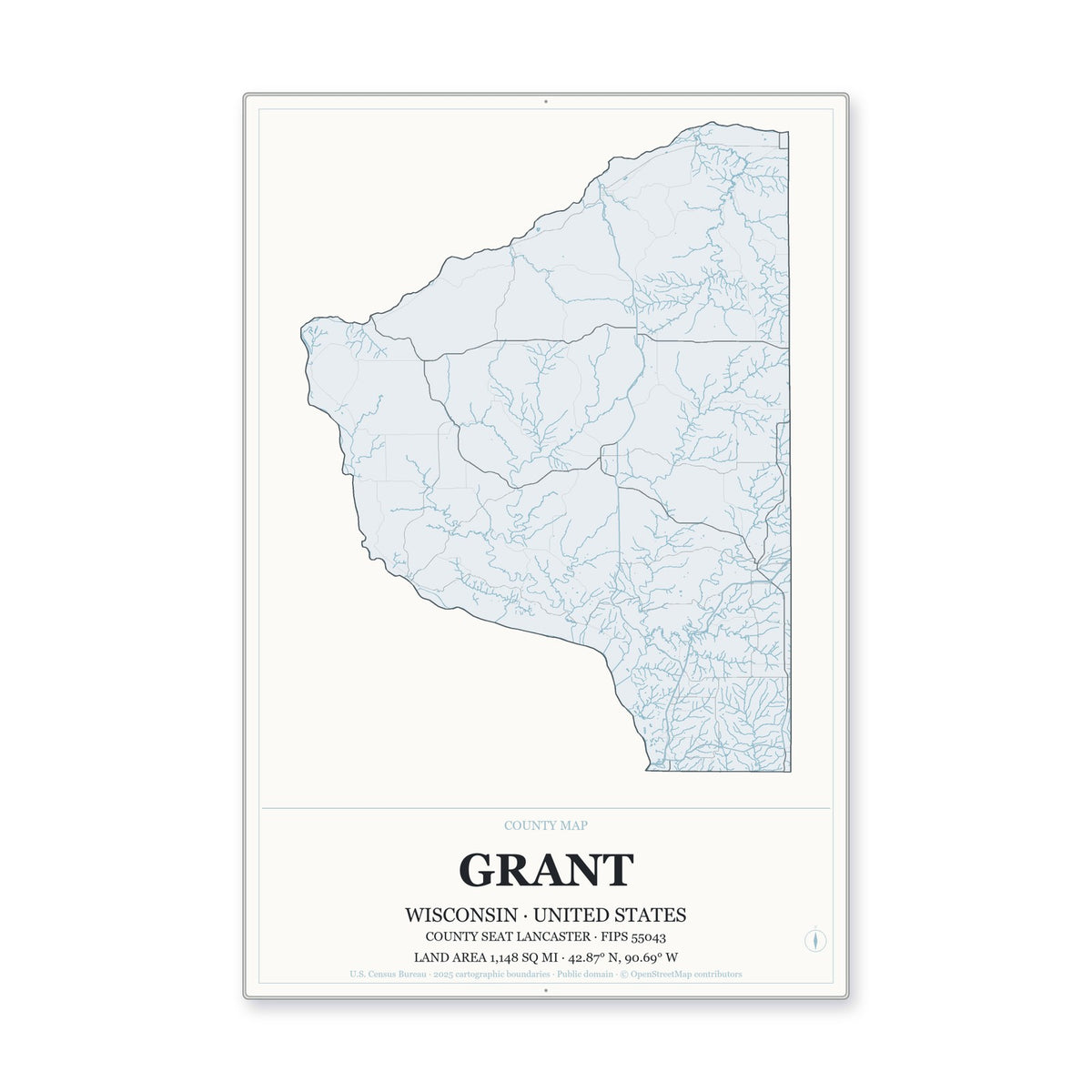 Grant County, Wisconsin Map Aluminum Sign in Gallery Air style