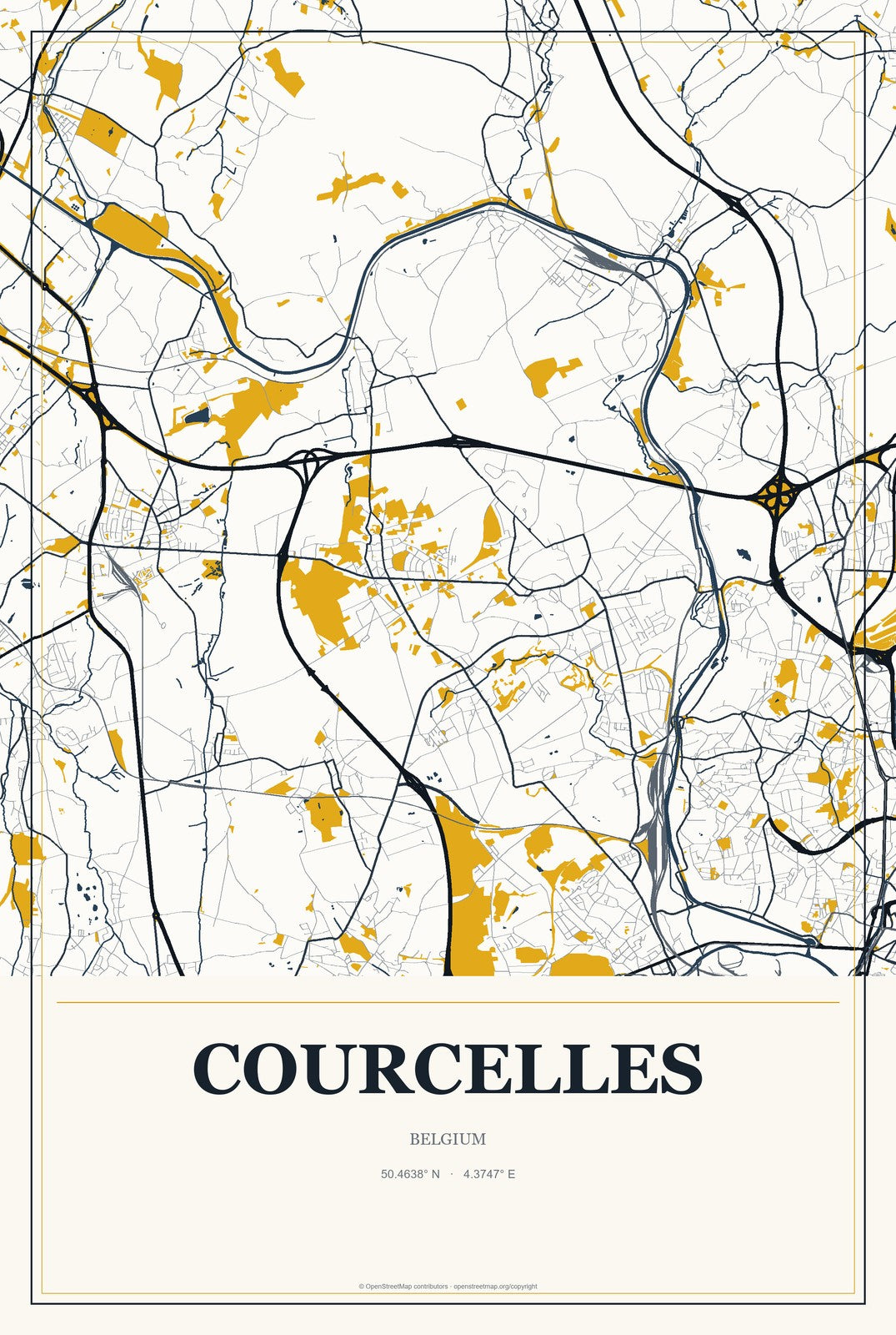 Courcelles, Belgium City Map Aluminum Sign in Citrine Modern style