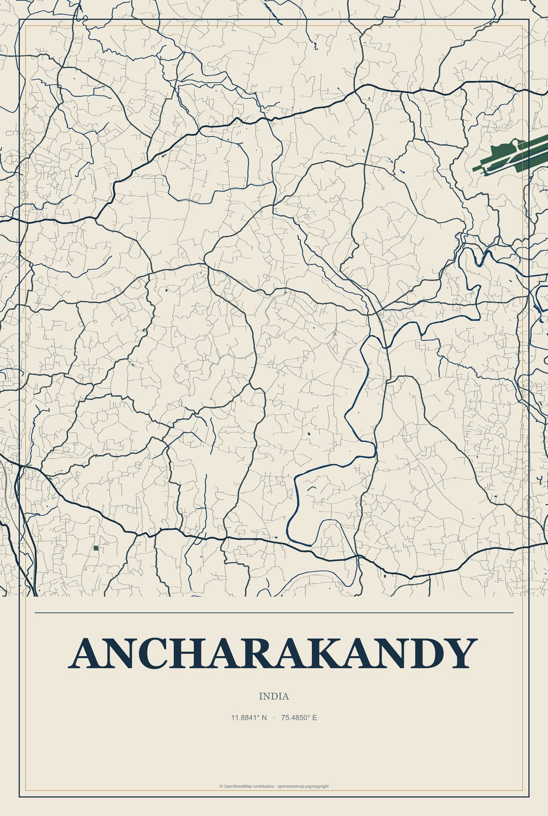 Ancharakandy, India City Map Aluminum Sign in Coastal Cutout style