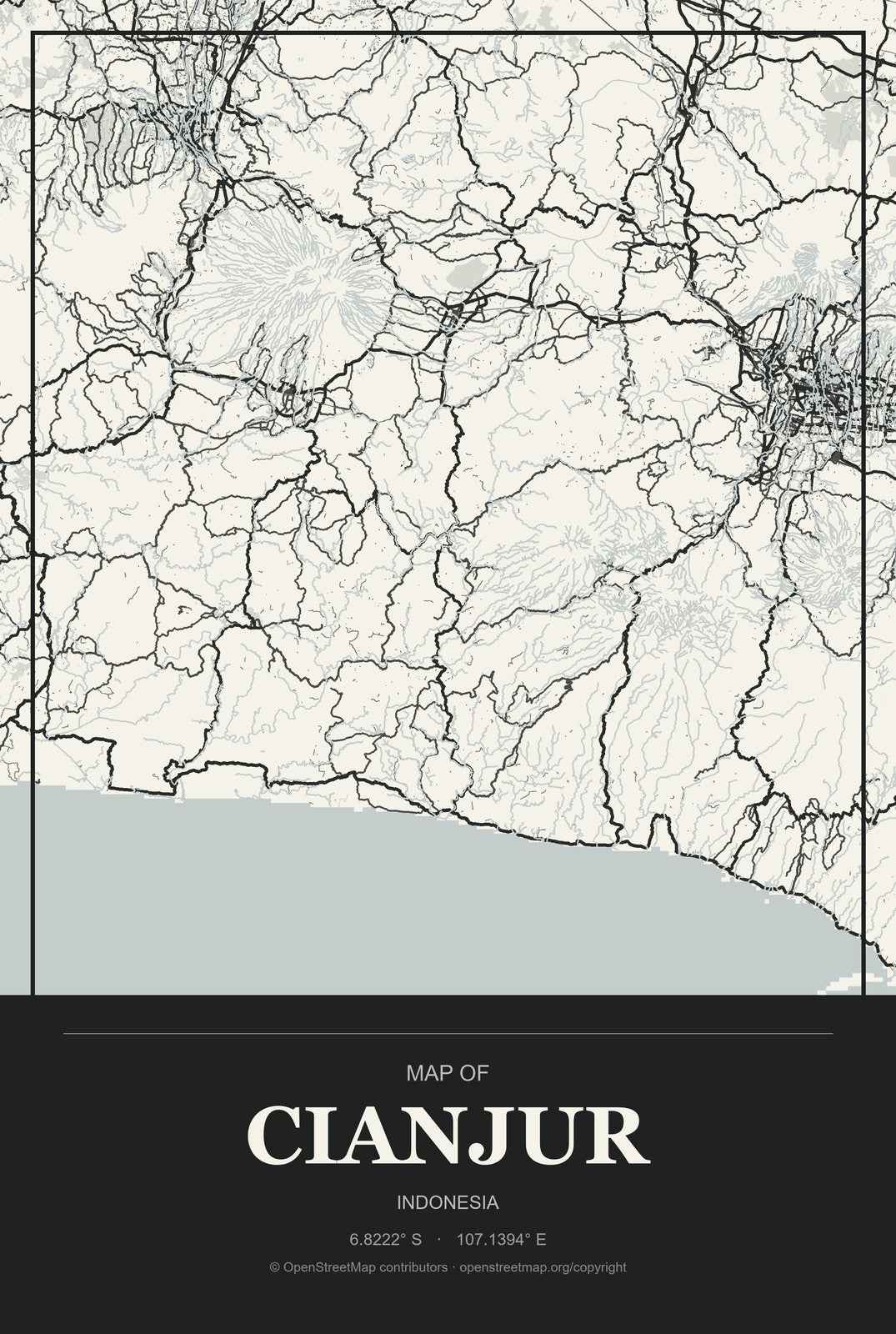 Cianjur, Indonesia City Map Aluminum Sign in Museum Plaque style