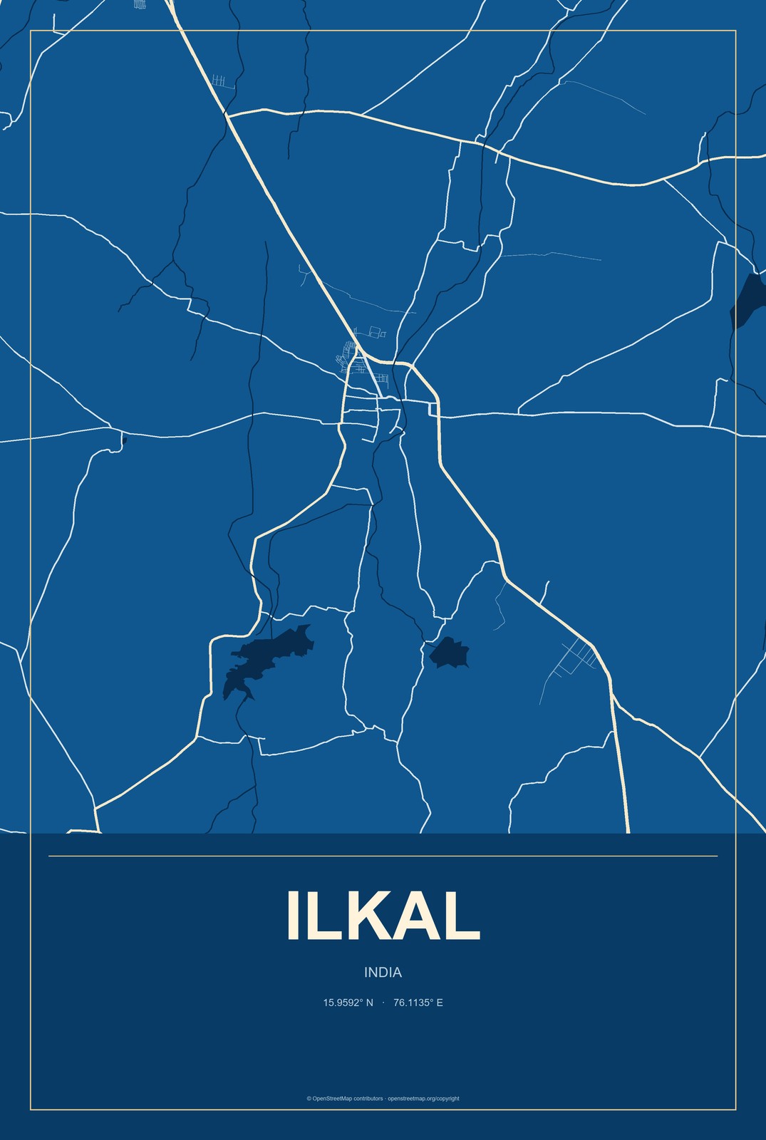 Ilkal, India City Map Aluminum Sign in Harbor Cobalt style