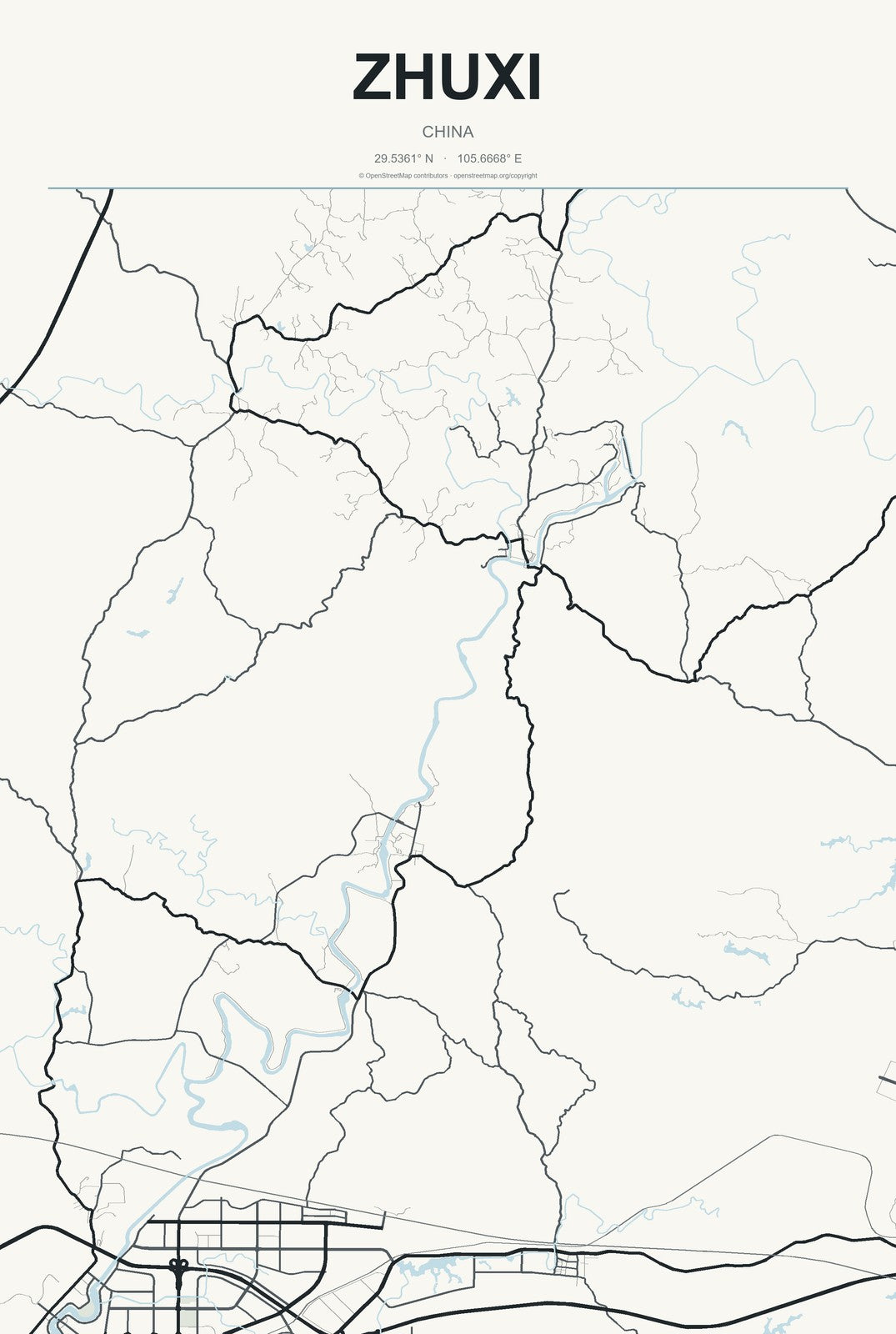 Zhuxi, China City Map Aluminum Sign in Headline Atlas style