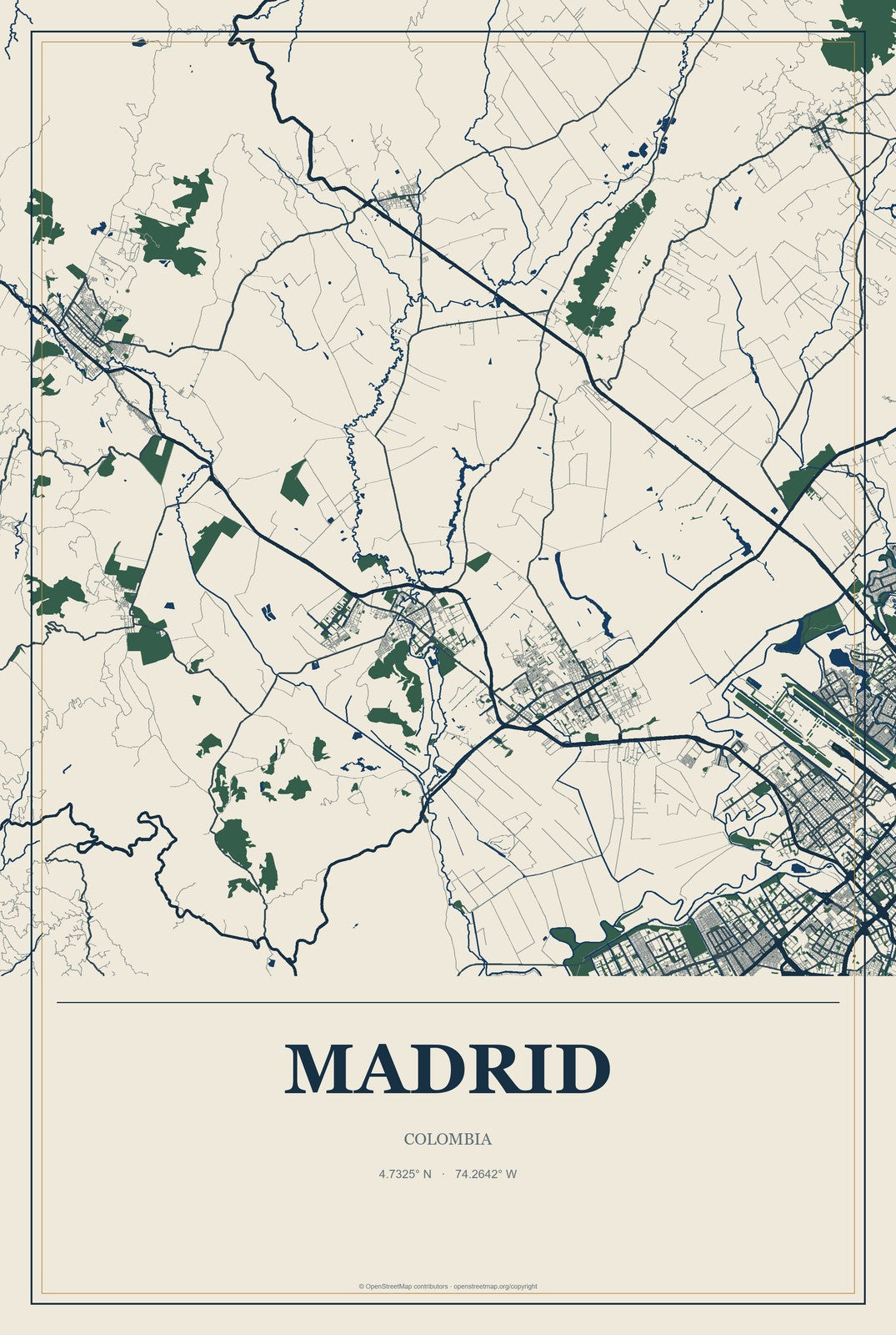Madrid, Colombia City Map Aluminum Sign in Coastal Cutout style