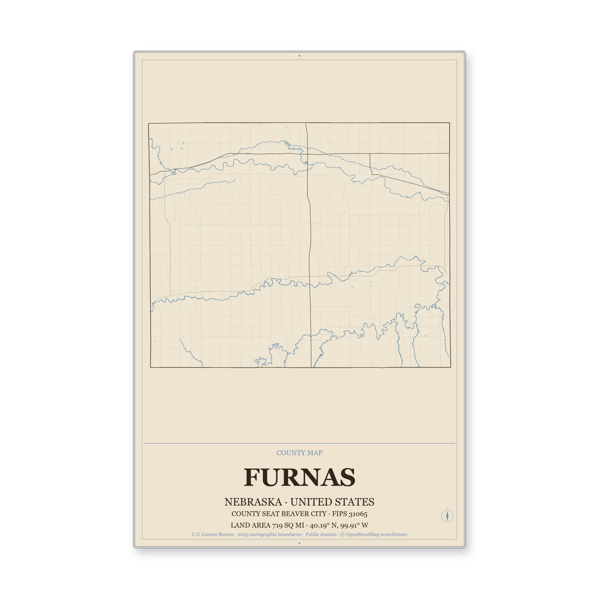 Furnas County, Nebraska Map Aluminum Sign in Heritage Nautical style