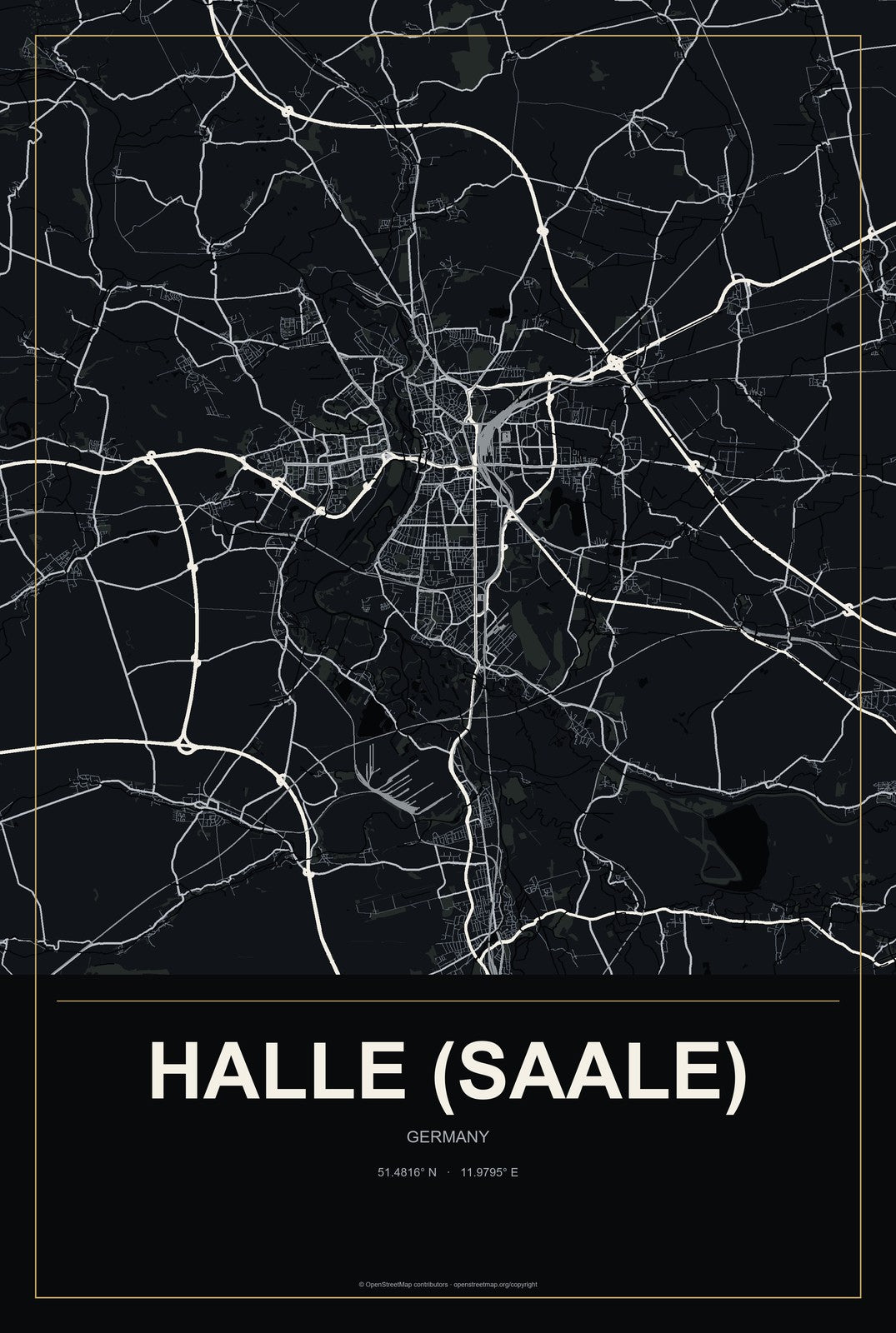 Halle (Saale), Germany City Map Aluminum Sign in Metropolitan Noir style