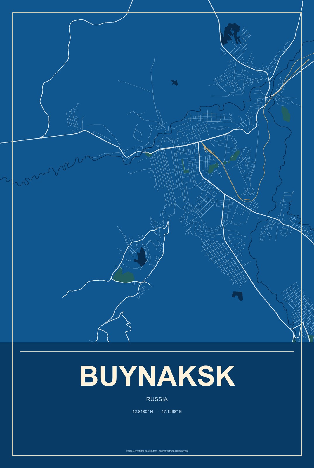 Buynaksk, Russia City Map Aluminum Sign in Harbor Cobalt style
