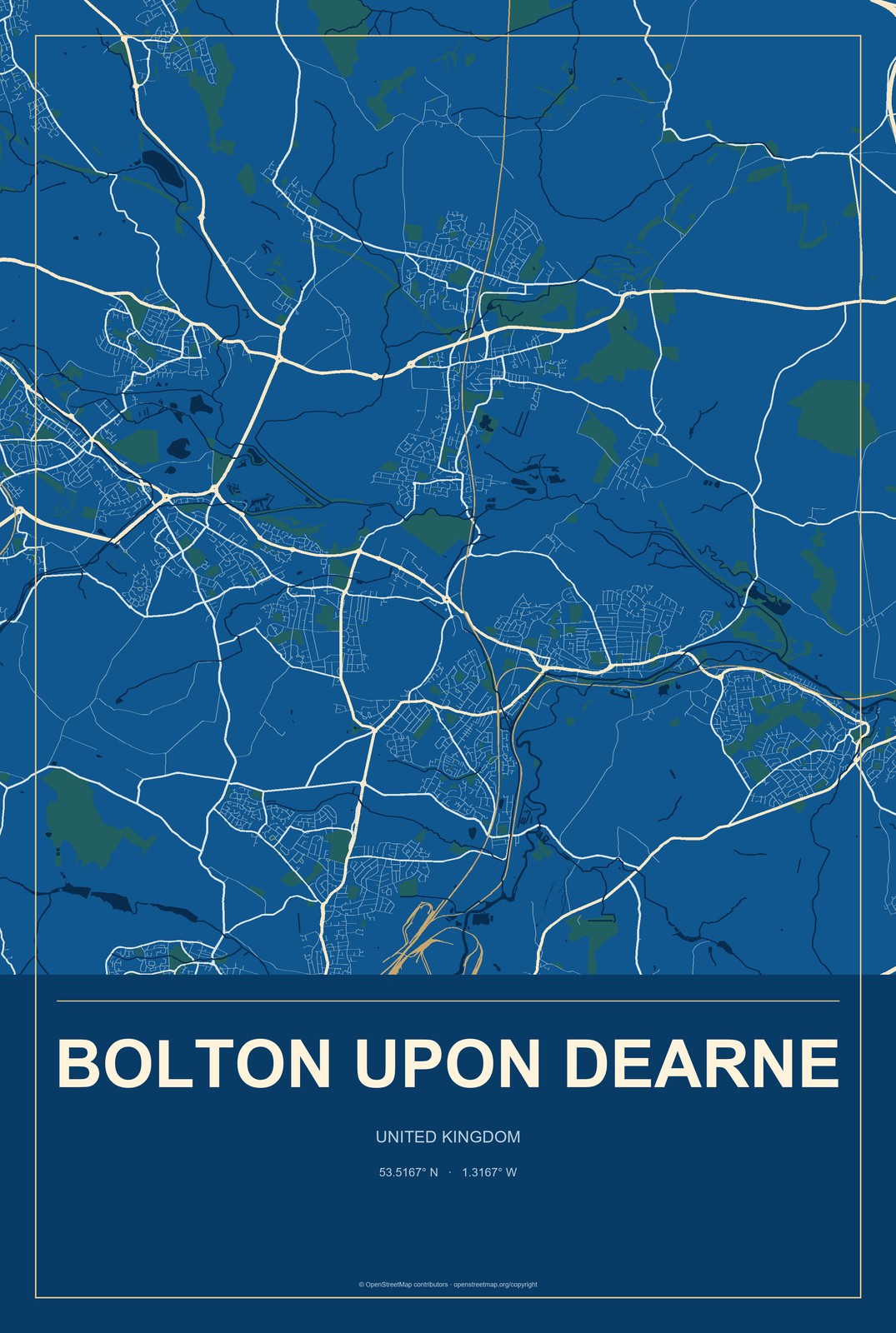 Bolton upon Dearne, United Kingdom City Map Aluminum Sign in Harbor Cobalt style