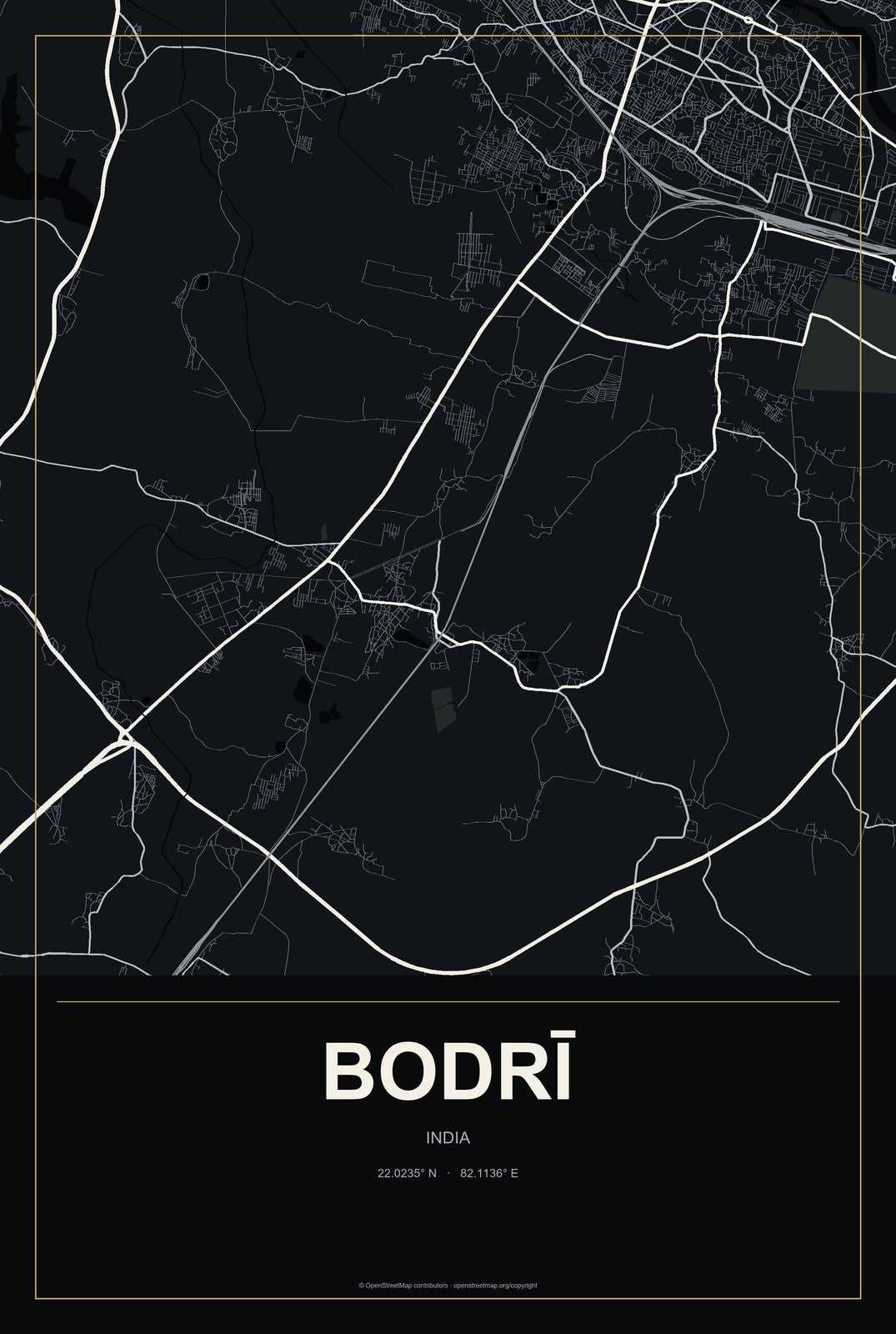 Bodrī, India City Map Aluminum Sign in Metropolitan Noir style