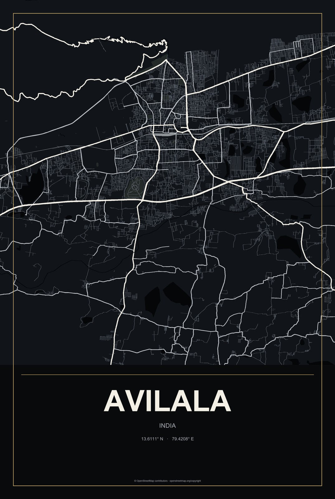 Avilala, India City Map Aluminum Sign in Metropolitan Noir style
