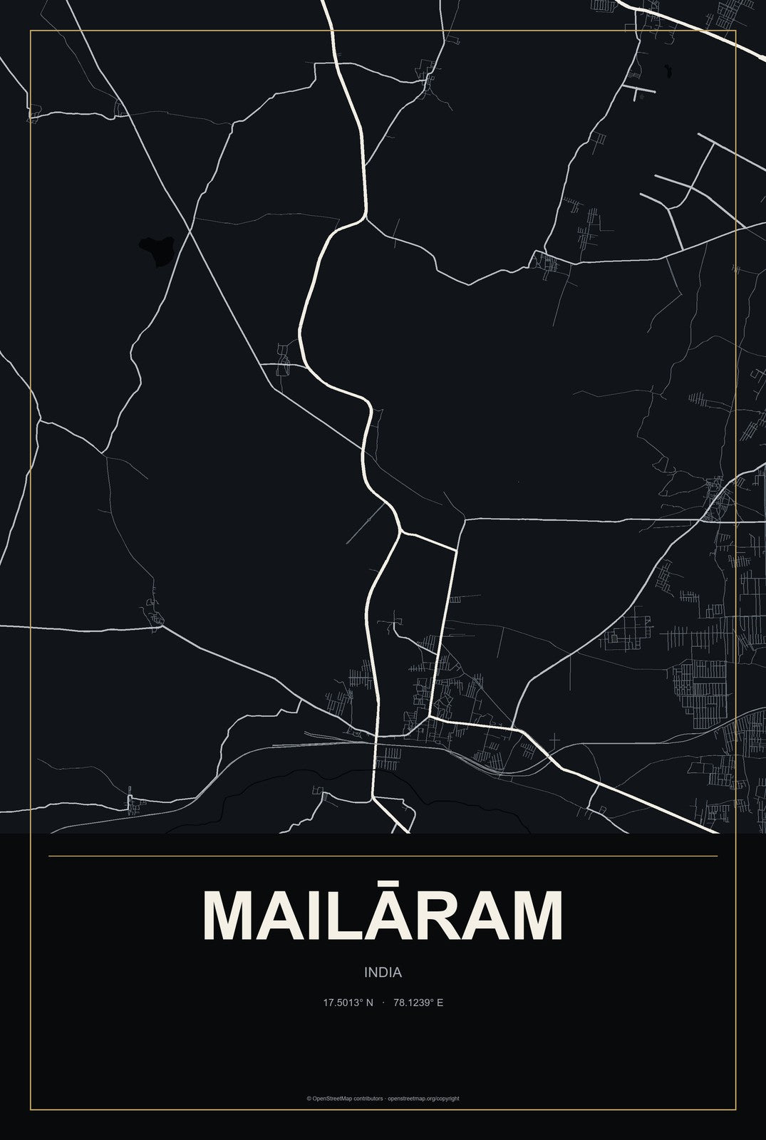 Mailāram, India City Map Aluminum Sign in Metropolitan Noir style