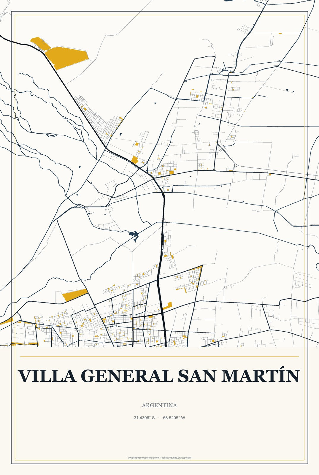 Villa General San Martín, Argentina City Map Aluminum Sign in Citrine Modern style