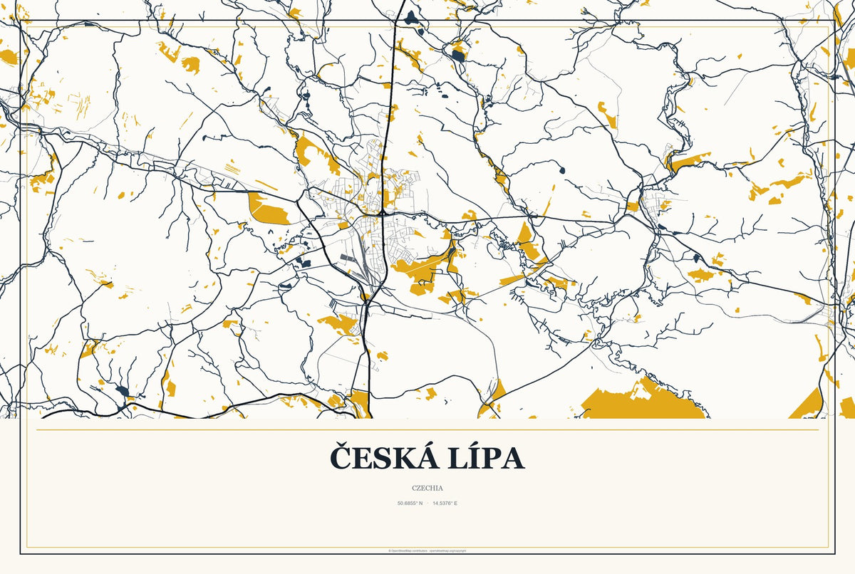 Česká Lípa, Czechia City Map Aluminum Sign in Citrine Modern style
