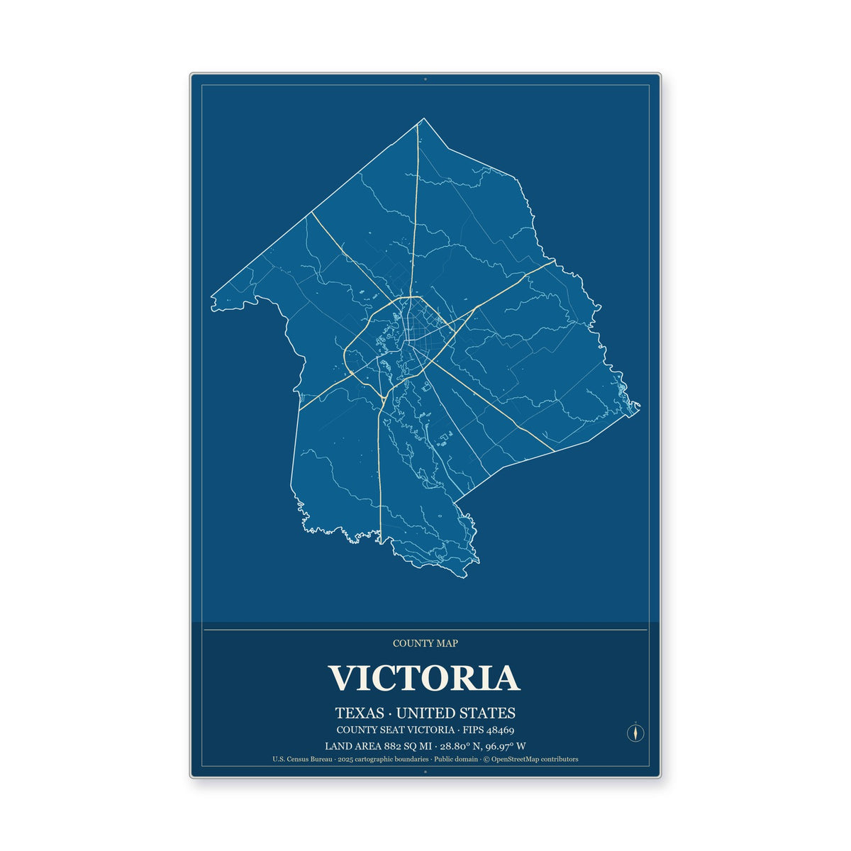 Victoria County, Texas Map Aluminum Sign in Harbor Cobalt style