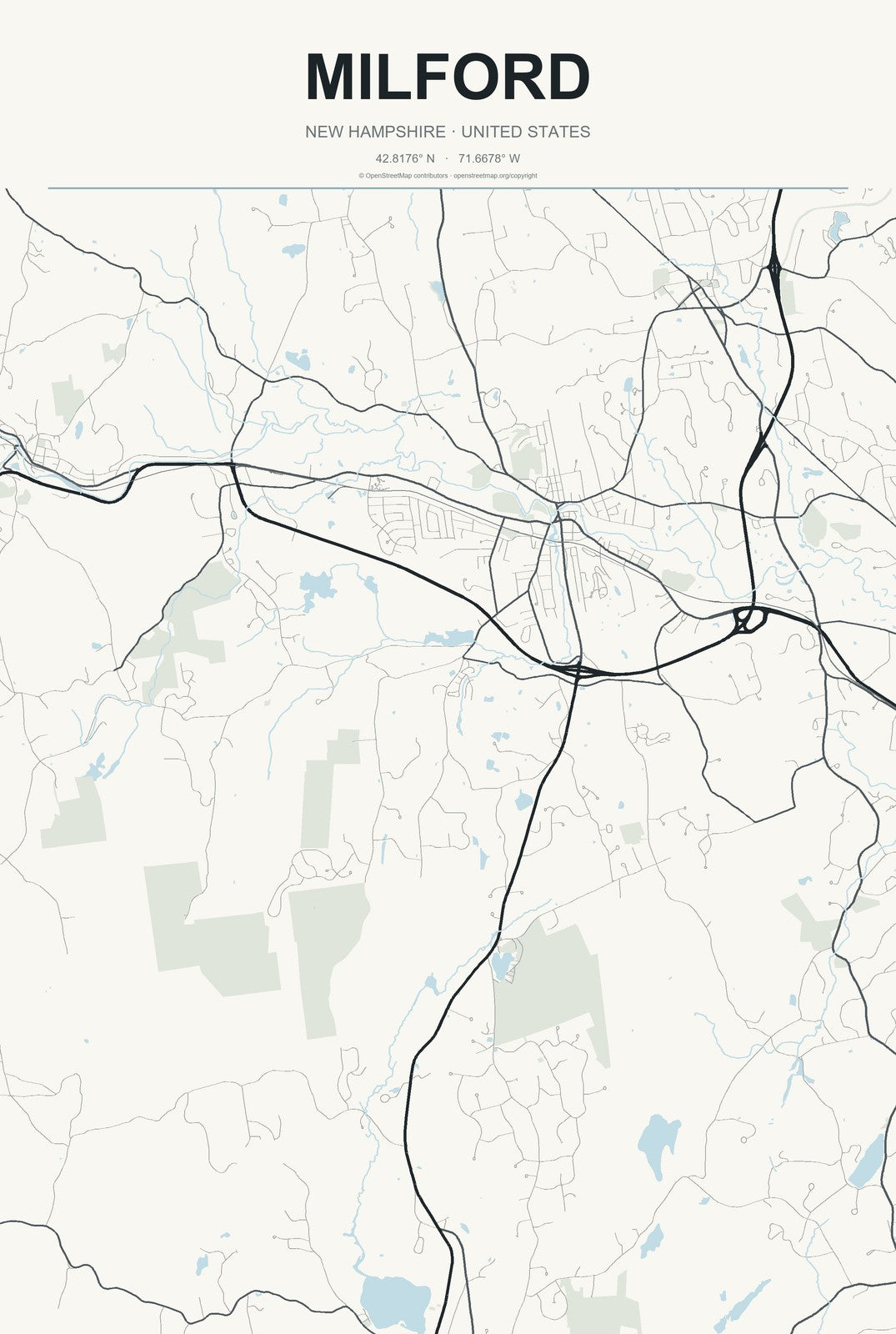 Milford, New Hampshire City Map Aluminum Sign in Headline Atlas style