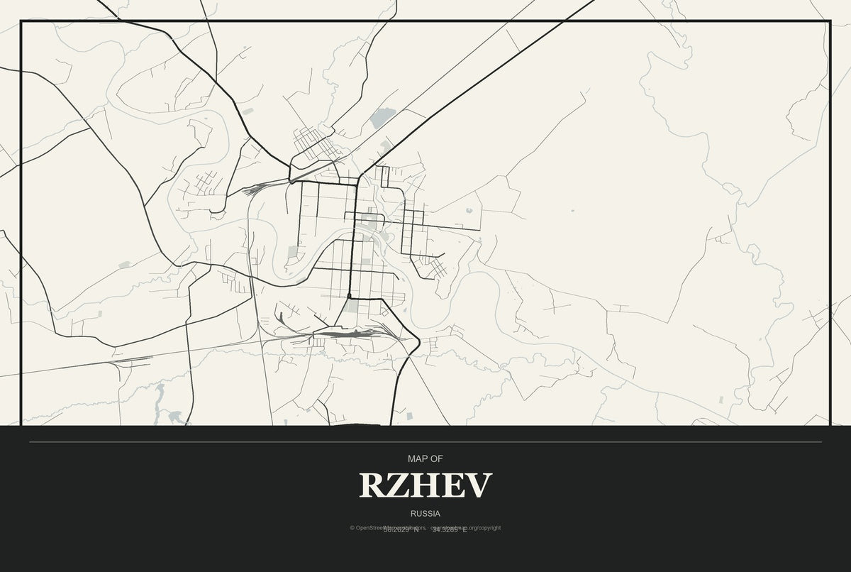 Rzhev, Russia City Map Aluminum Sign in Museum Plaque style
