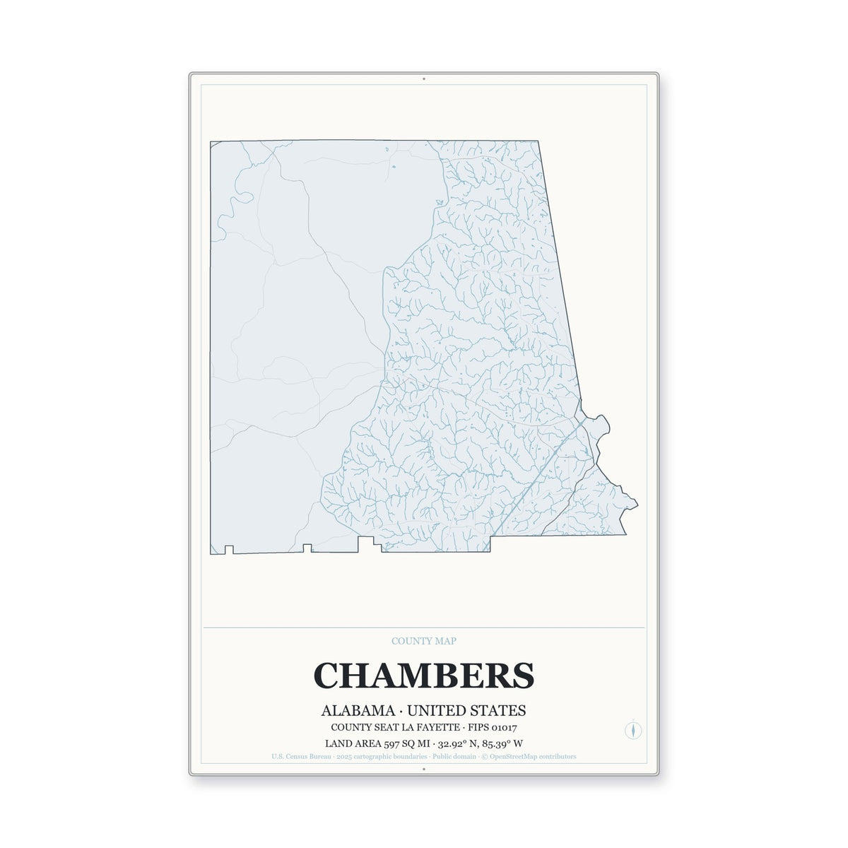 Chambers County, Alabama Map Aluminum Sign in Gallery Air style