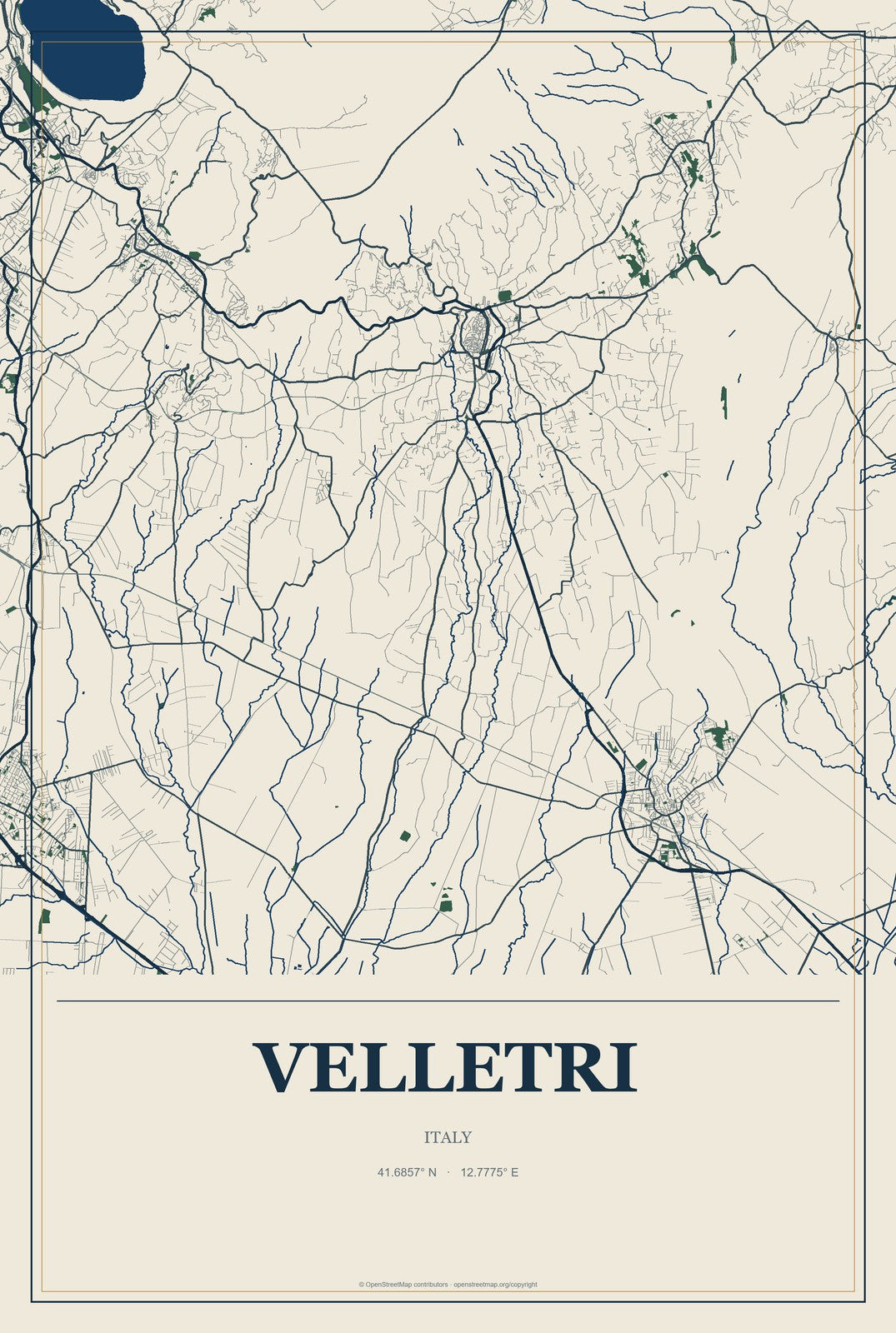 Velletri, Italy City Map Aluminum Sign in Coastal Cutout style