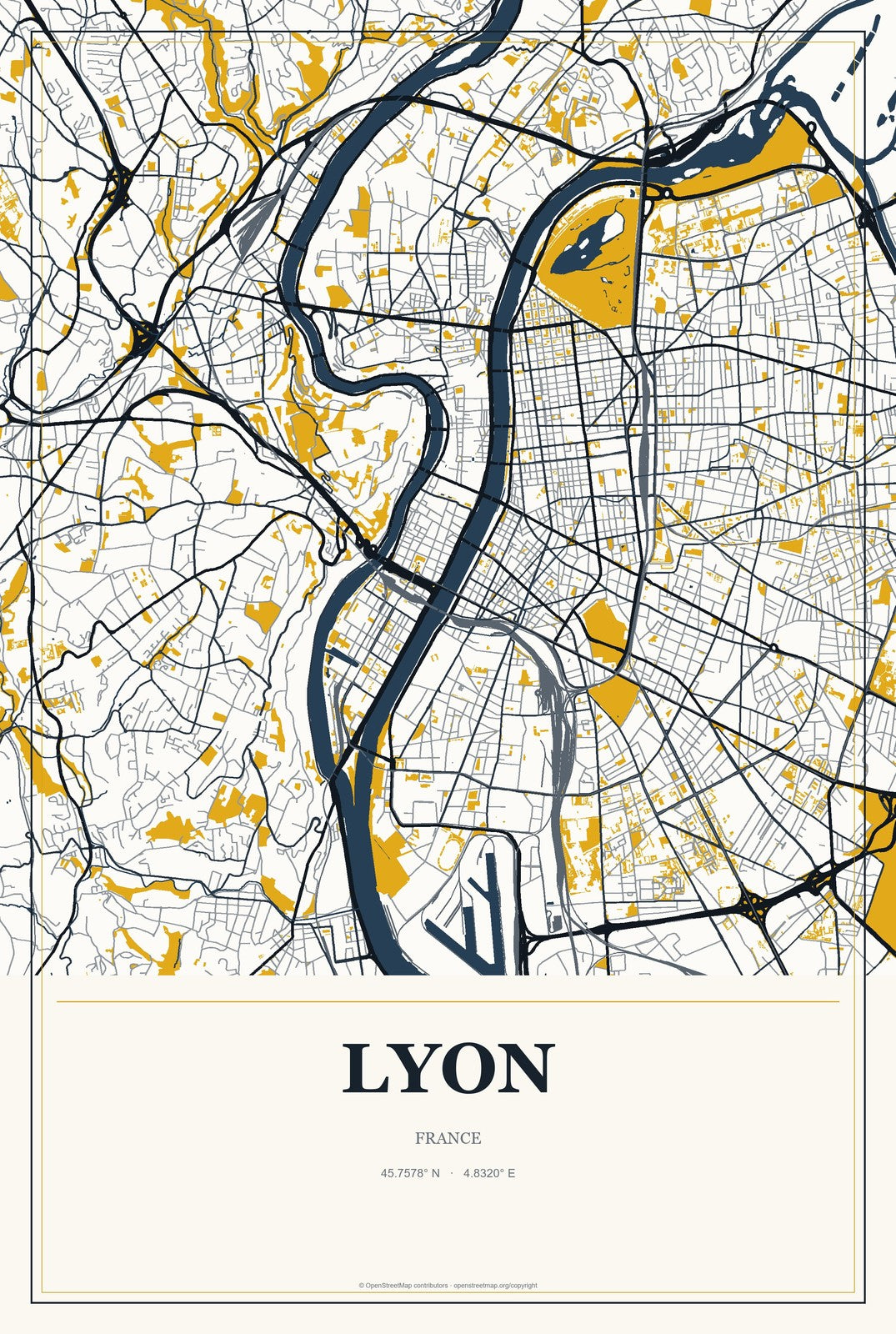 Lyon, France City Map Aluminum Sign in Citrine Modern style