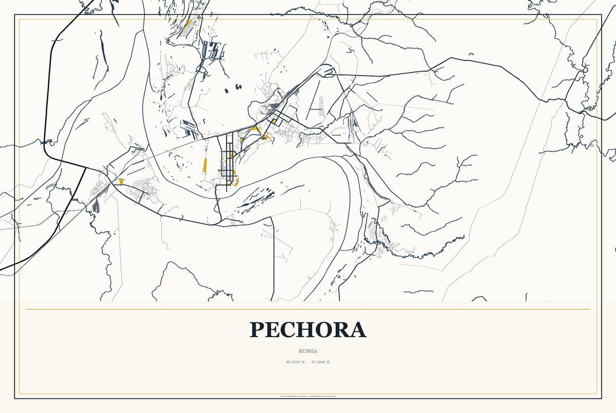 Pechora, Russia City Map Aluminum Sign in Citrine Modern style