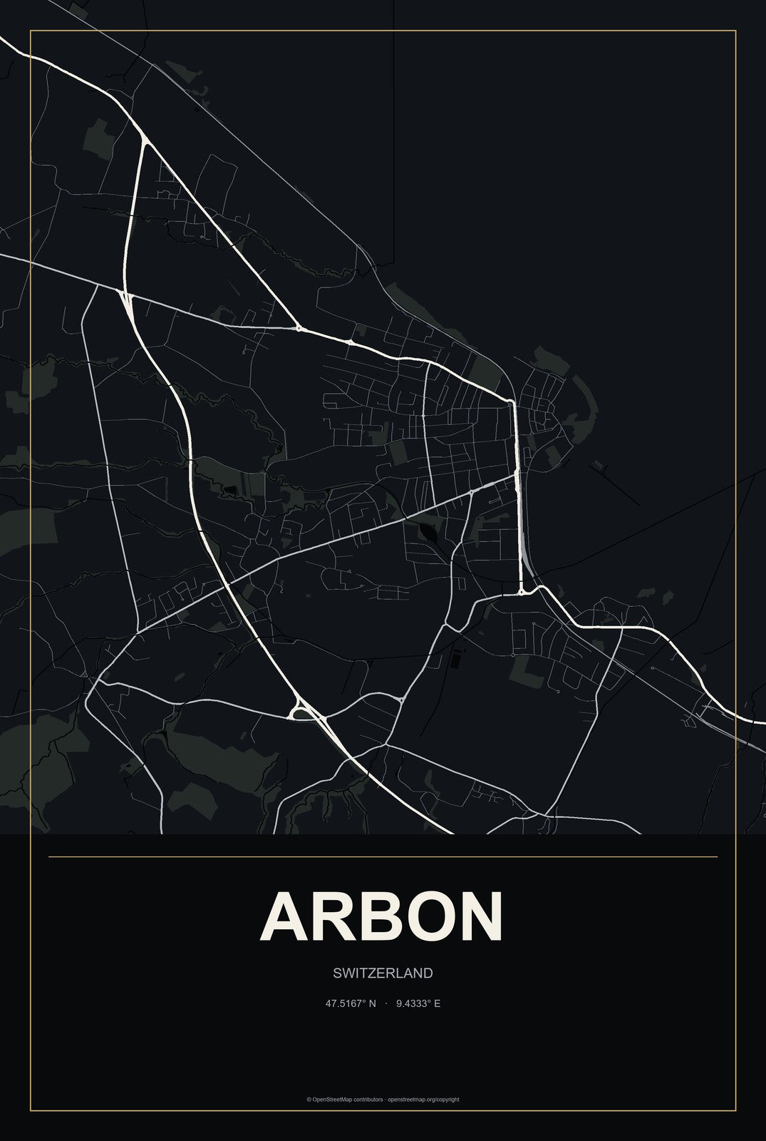Arbon, Switzerland City Map Aluminum Sign in Metropolitan Noir style