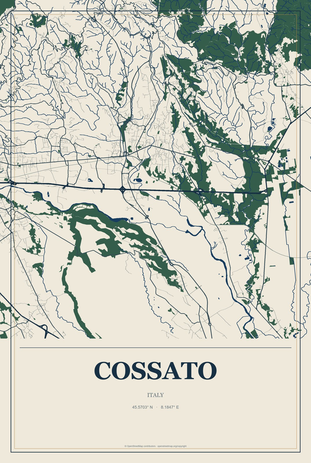 Cossato, Italy City Map Aluminum Sign in Coastal Cutout style
