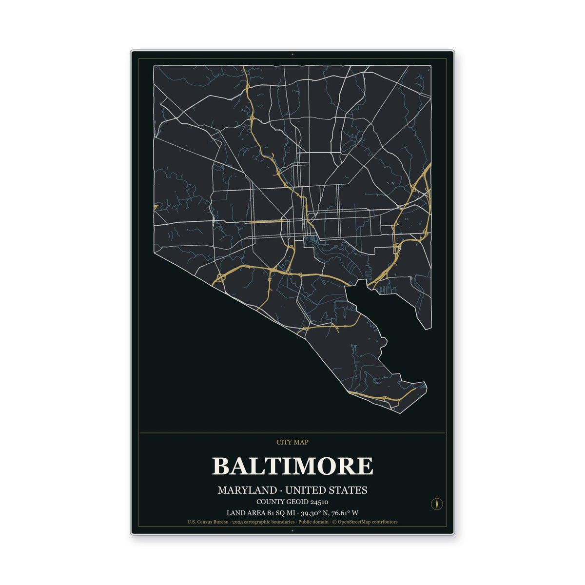Baltimore city, Maryland Map Aluminum Sign in Metropolitan Noir style