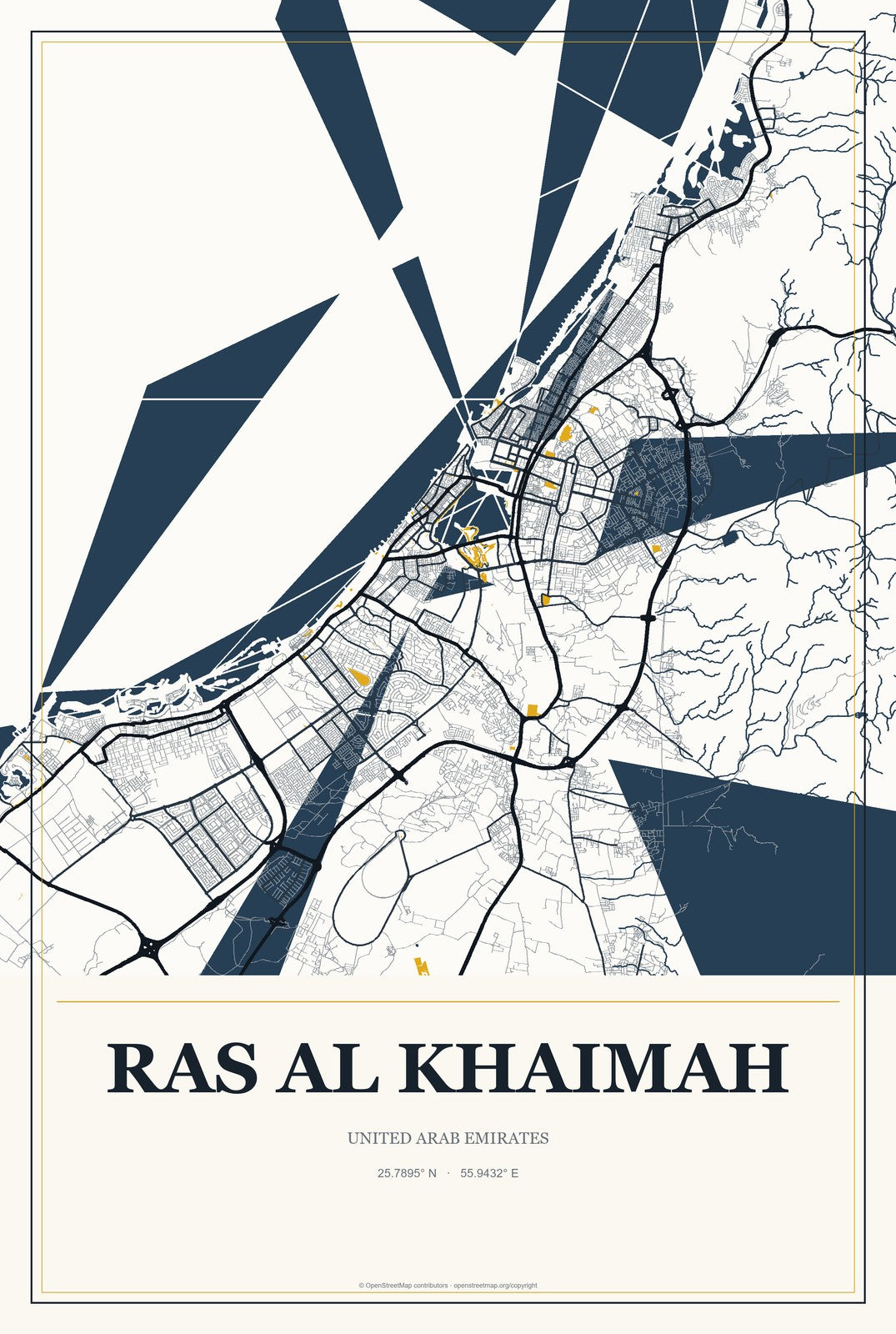 Ras Al Khaimah, United Arab Emirates City Map Aluminum Sign in Citrine Modern style