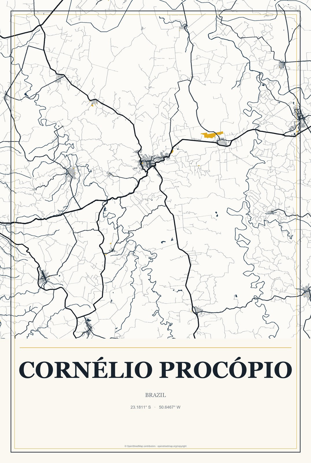 Cornélio Procópio, Brazil City Map Aluminum Sign in Citrine Modern style