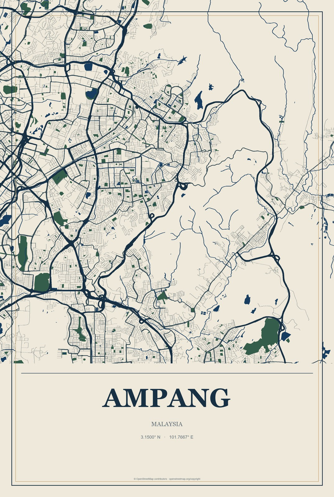 Ampang, Malaysia City Map Aluminum Sign in Coastal Cutout style