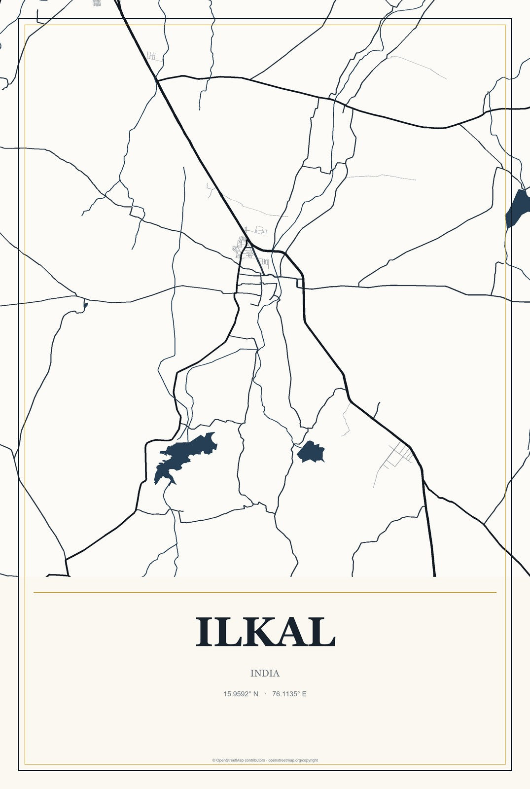 Ilkal, India City Map Aluminum Sign in Citrine Modern style