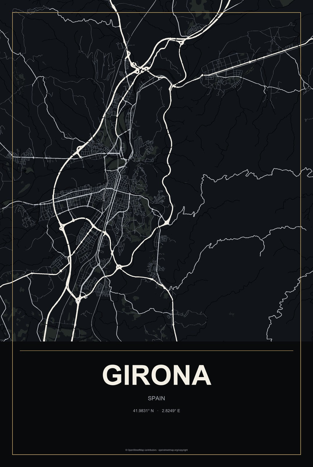Girona, Spain City Map Aluminum Sign in Metropolitan Noir style