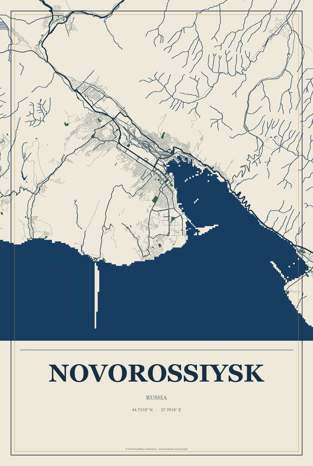 Novorossiysk, Russia City Map Aluminum Sign in Coastal Cutout style