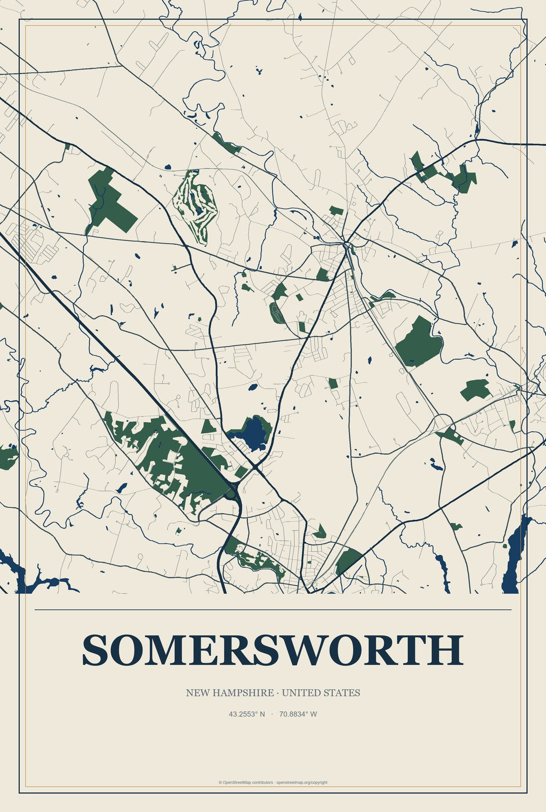 Somersworth, New Hampshire City Map Aluminum Sign in Coastal Cutout style