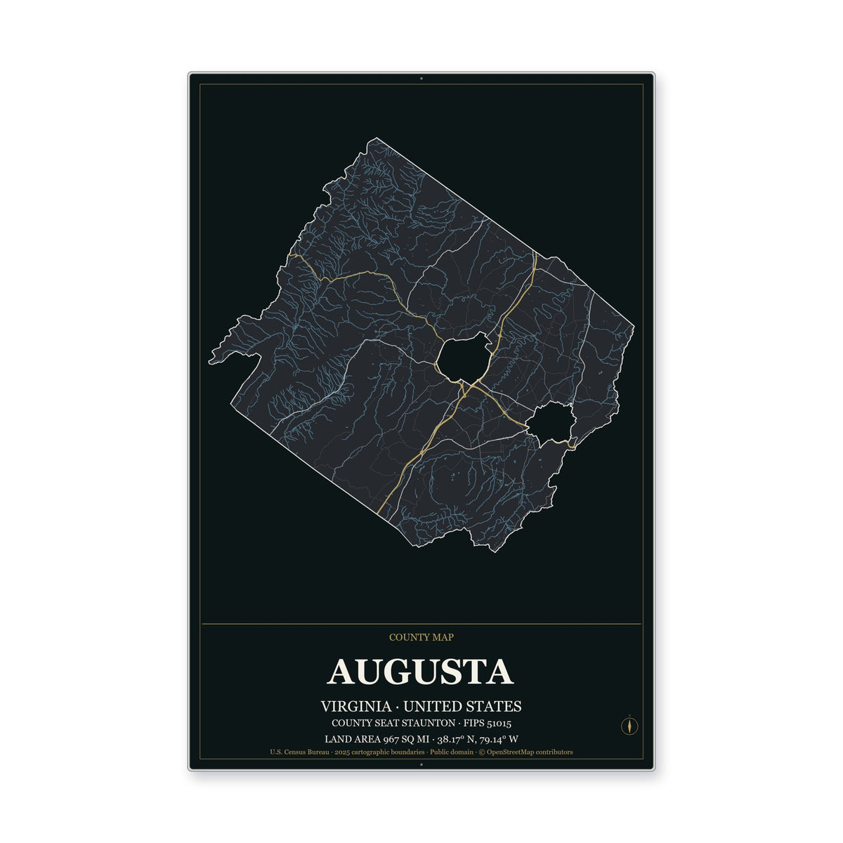 Augusta County, Virginia Map Aluminum Sign in Metropolitan Noir style