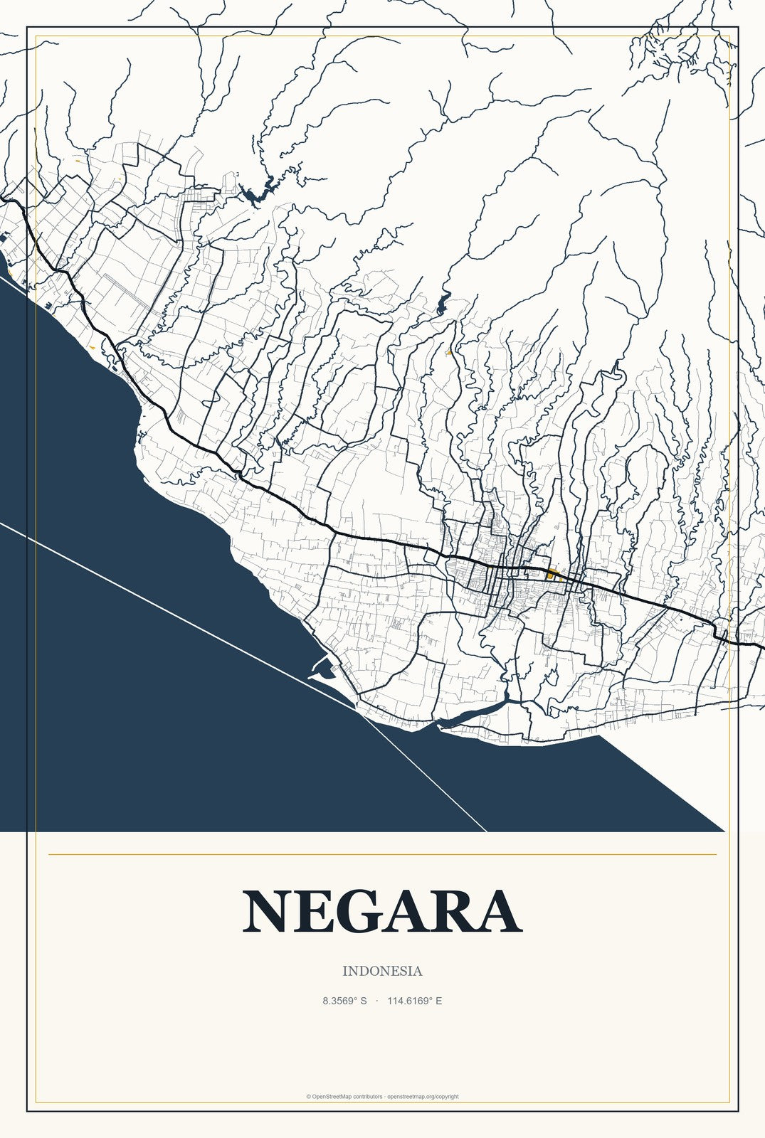 Negara, Indonesia City Map Aluminum Sign in Citrine Modern style