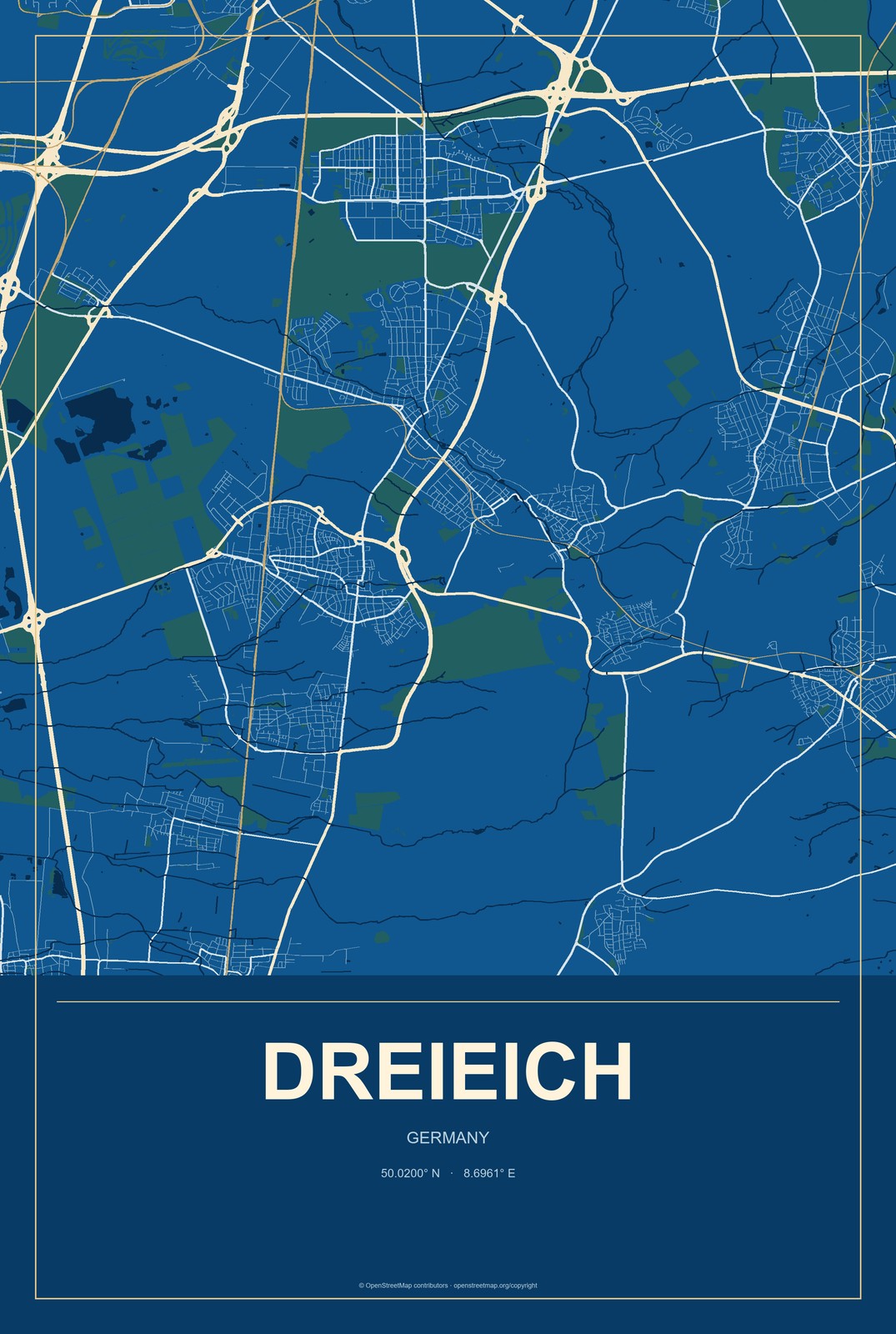 Dreieich, Germany City Map Aluminum Sign in Harbor Cobalt style