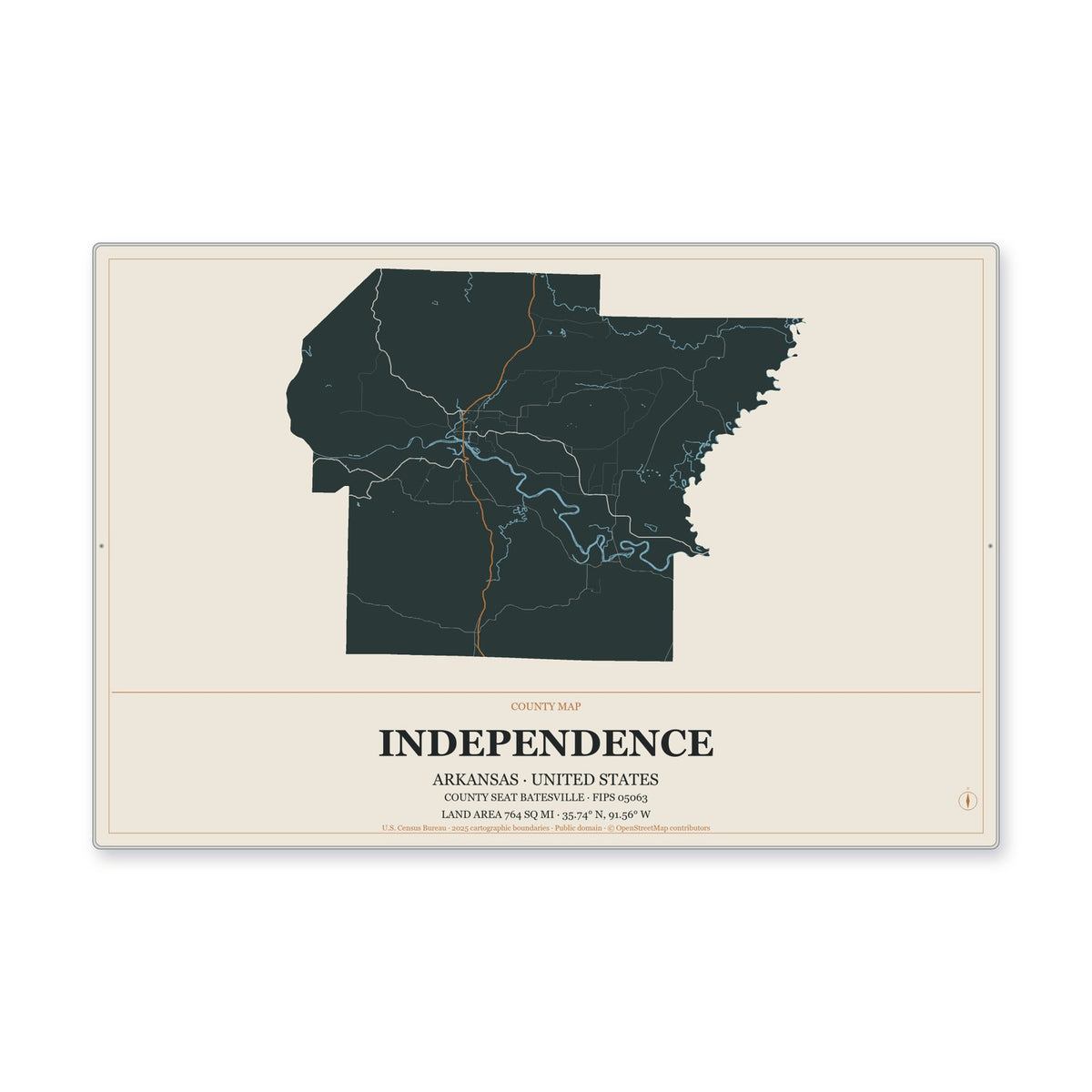Independence County, Arkansas Map Aluminum Sign in Headline Atlas style